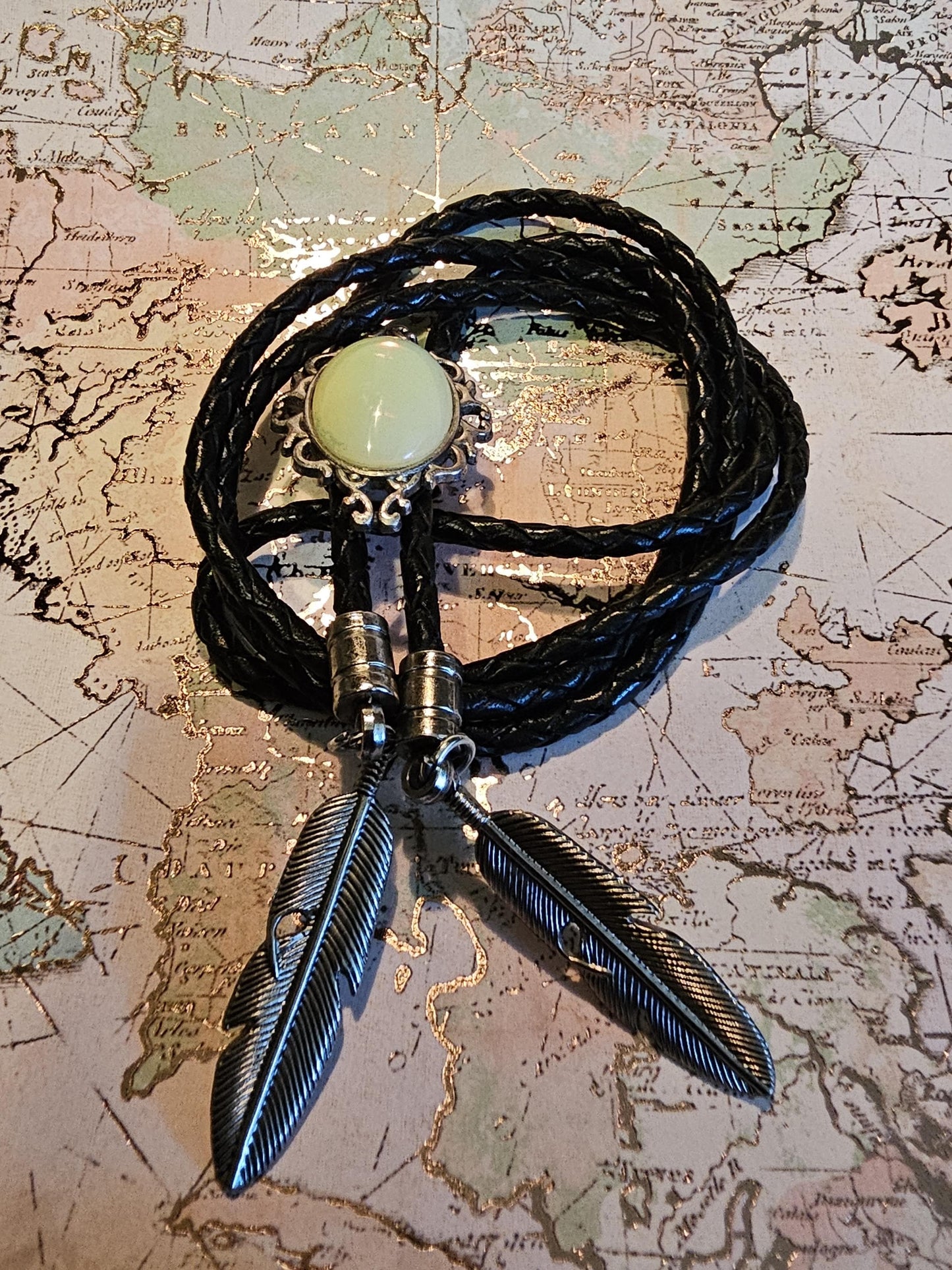 Uranium Glass Bolo Tie, Leather cord, 2 tip choices vintage White/Yellowish 25x18 mm Uranium Glass stone that glow under black/UV light