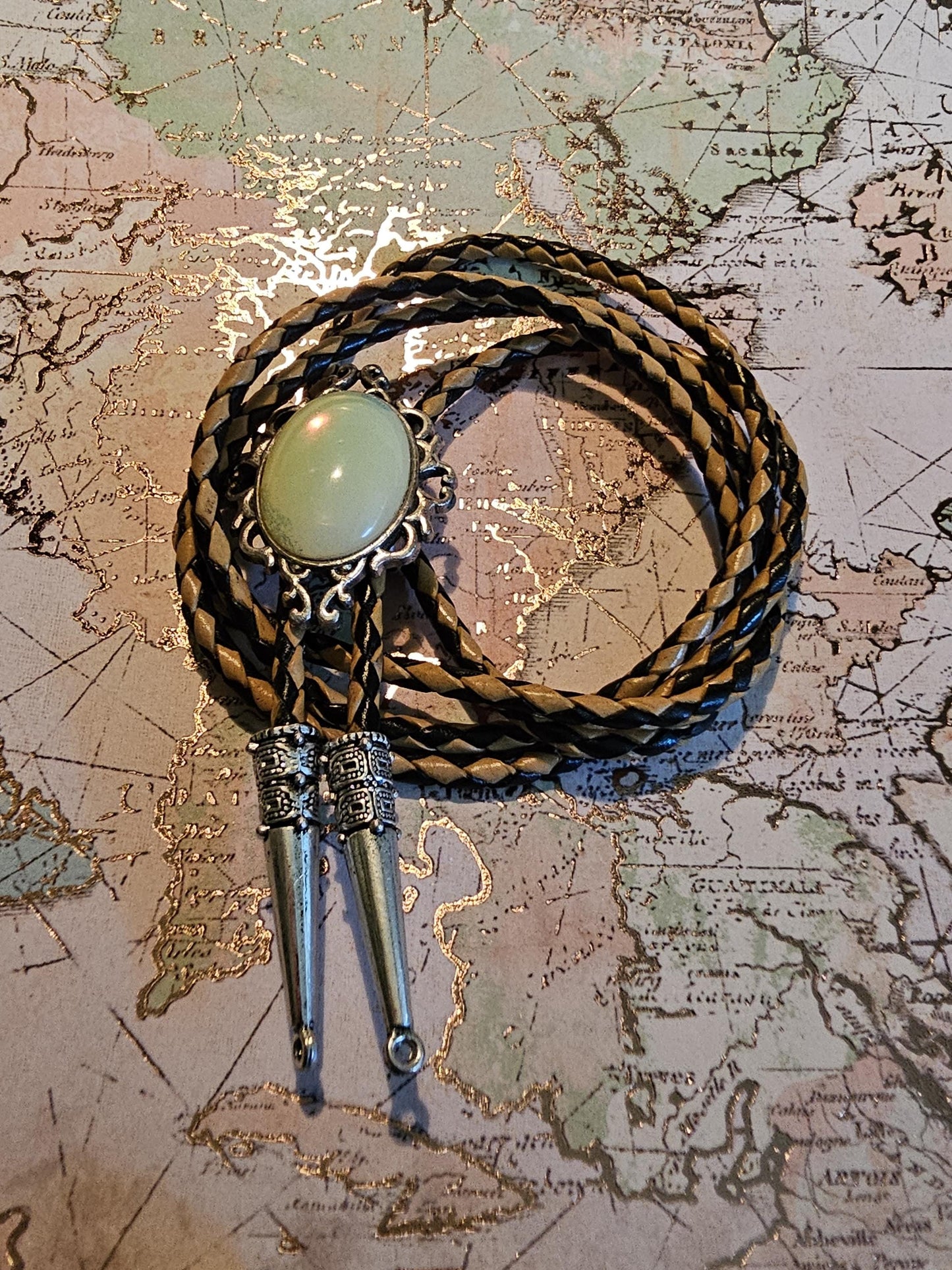 Uranium Glass Bolo Tie, Leather cord, 2 tip choices vintage White/Yellowish 25x18 mm Uranium Glass stone that glow under black/UV light