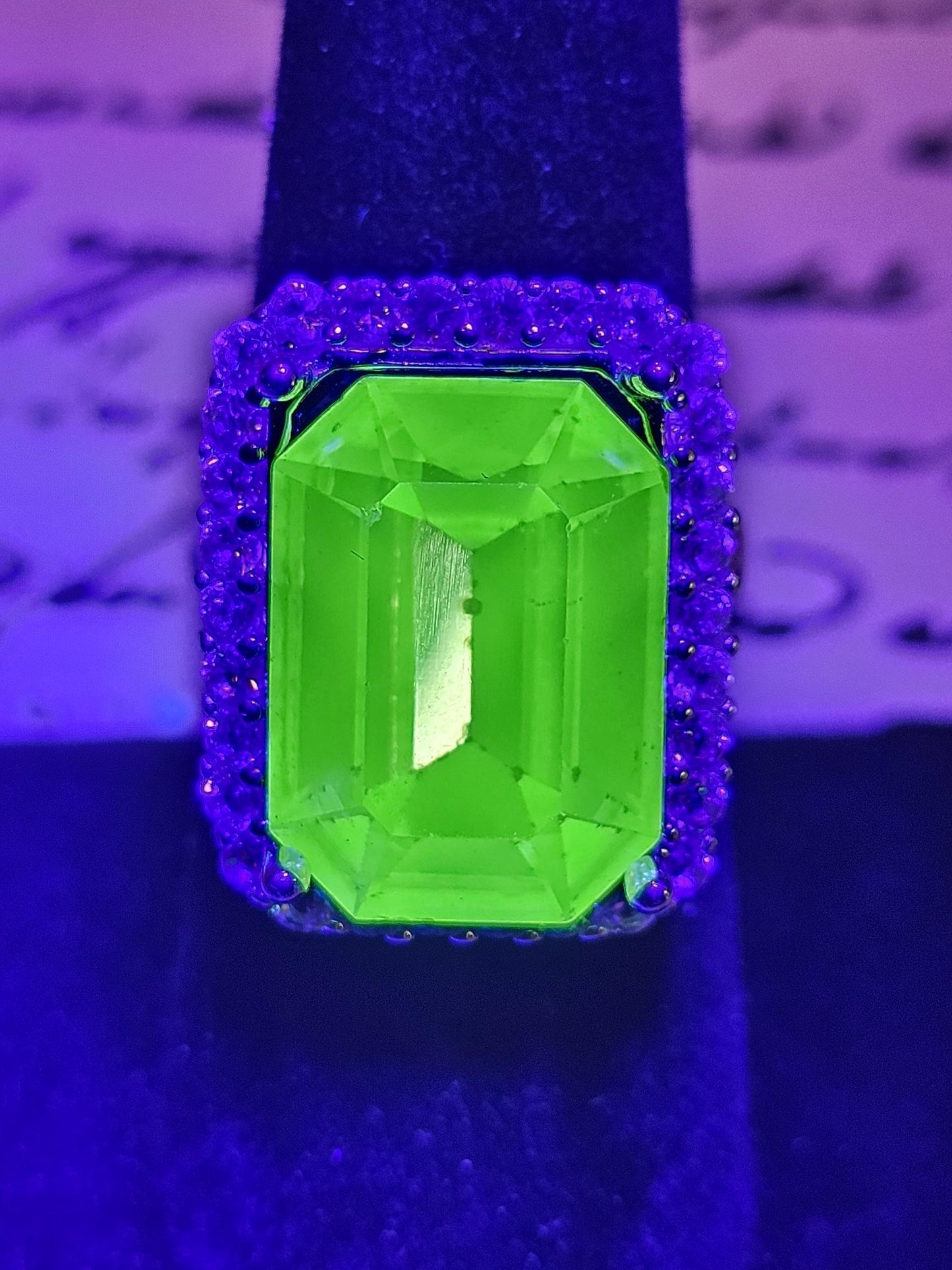 Uranium Glass Emerald cut Halo style ring in size 7, new Sterling Silver with vintage Uranium glass stone that glows under black / UV light
