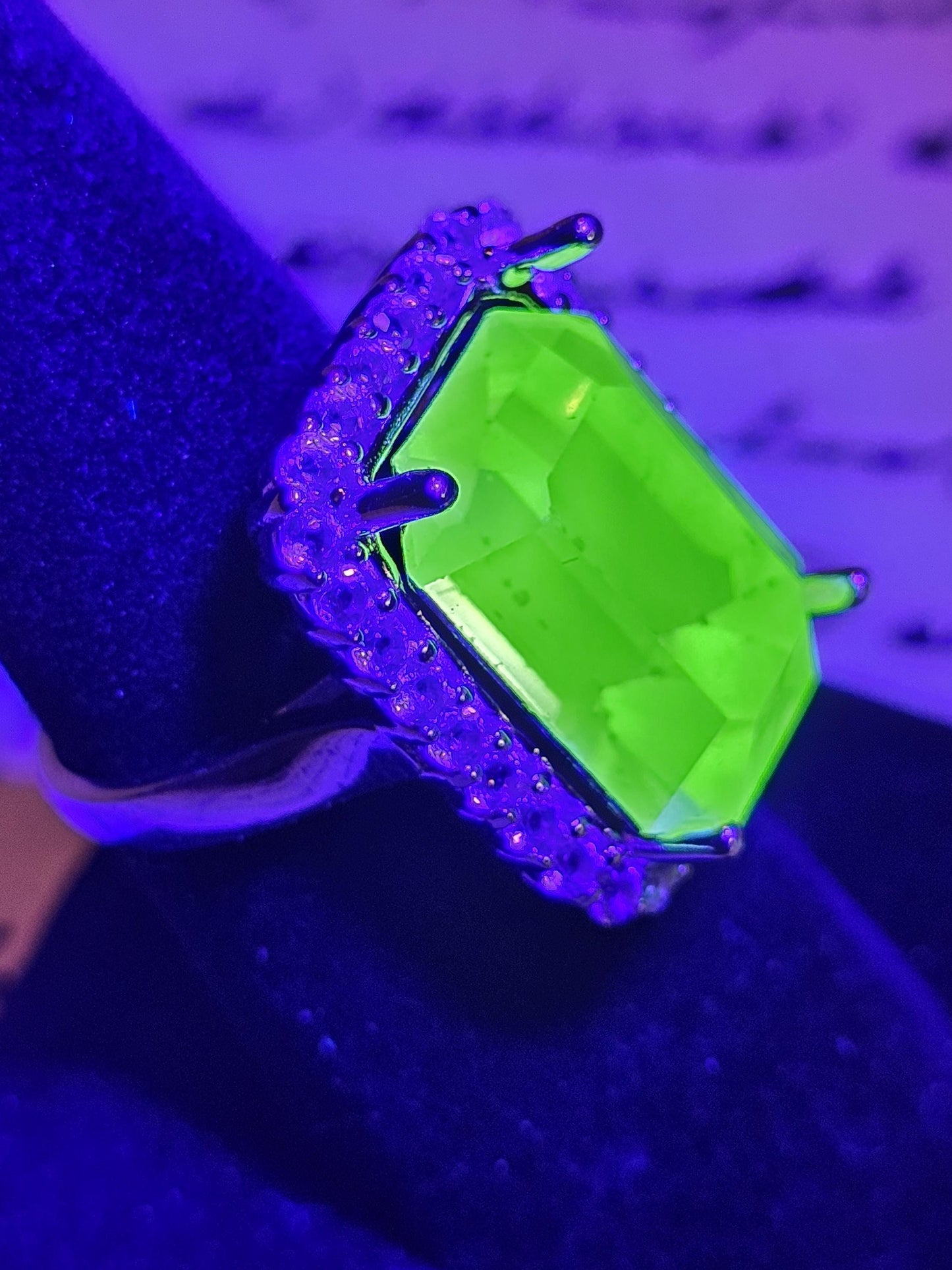 Uranium Glass Emerald cut Halo style ring in size 7, new Sterling Silver with vintage Uranium glass stone that glows under black / UV light