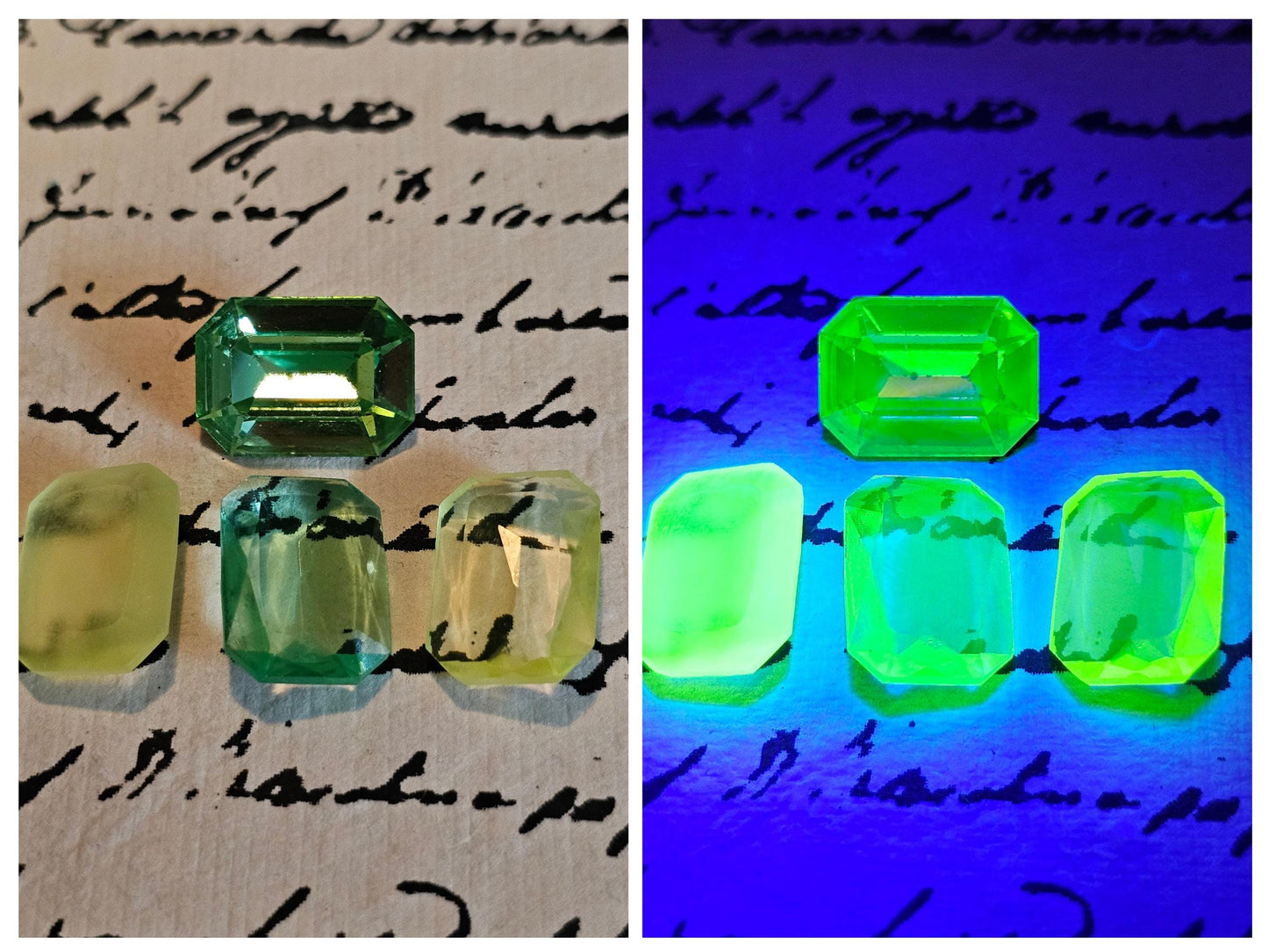 Uranium Glass Emerald cut Halo style ring in size 7, new Sterling Silver with vintage Uranium glass stone that glows under black / UV light