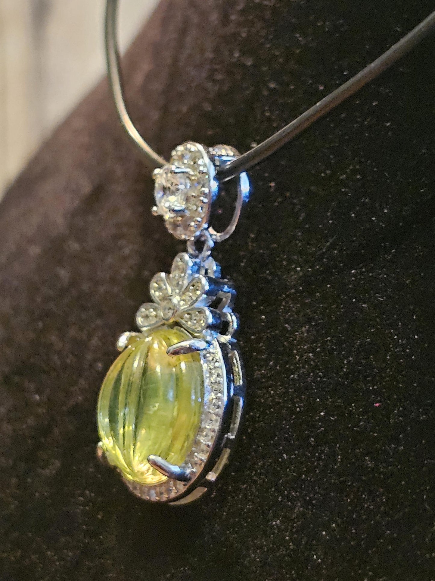 Uranium Glass Pendant in a new Sterling Silver with a ribbed vintage 12 mm Round Yellow Uranium Glass Stone that glows under black/UV light
