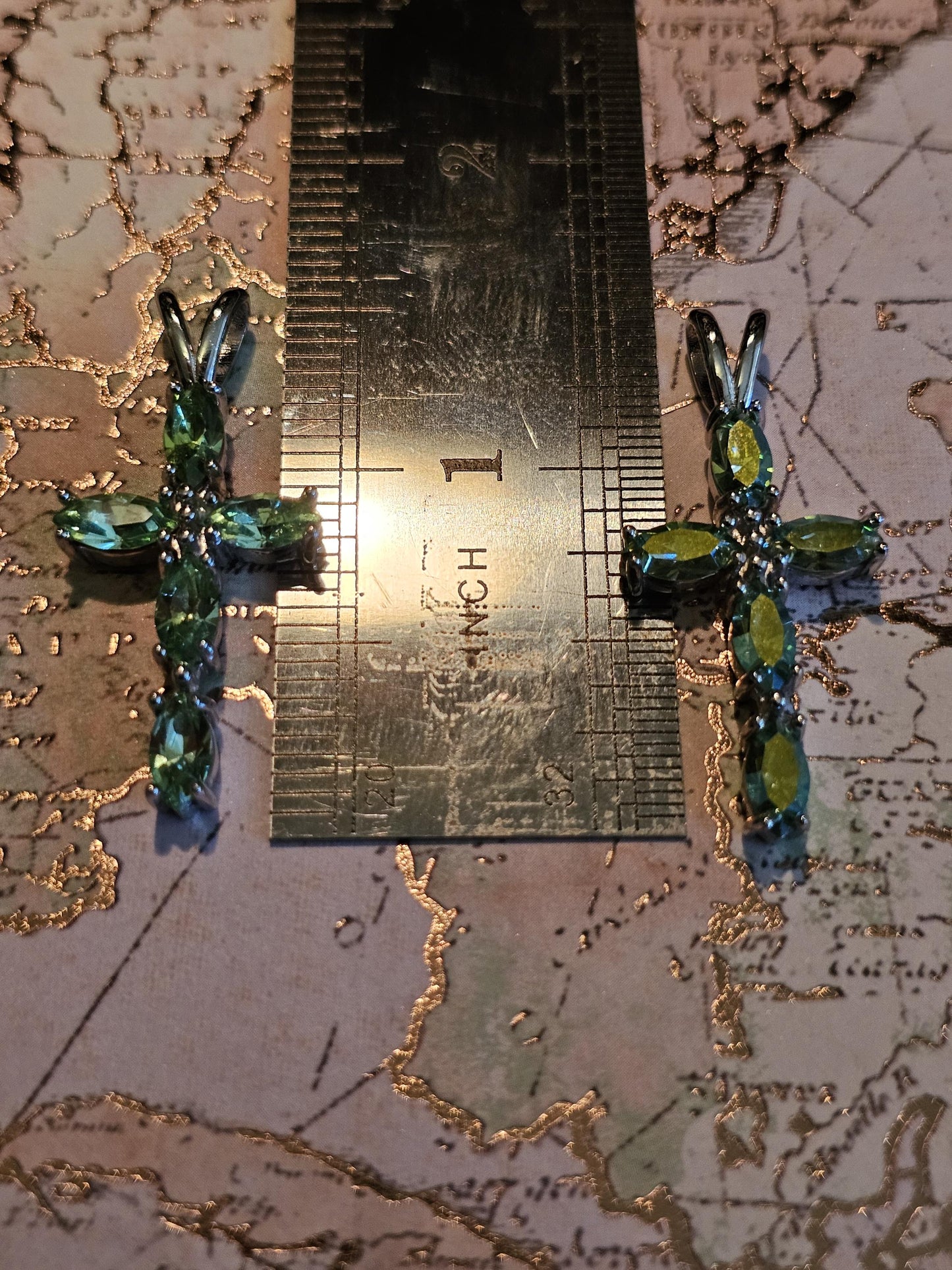 Uranium Glass Pendant new Sterling Silver, Cross design with 8x4 mm vintage Marquee cut Uranium Glass stones that glow under black/UV light