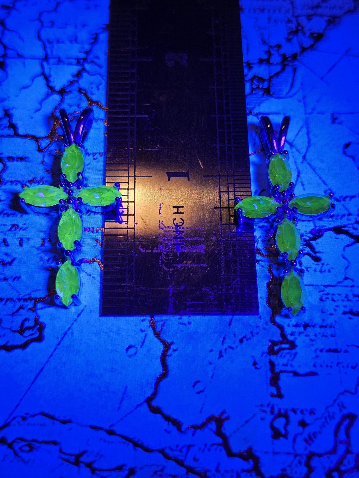 Uranium Glass Pendant new Sterling Silver, Cross design with 8x4 mm vintage Marquee cut Uranium Glass stones that glow under black/UV light