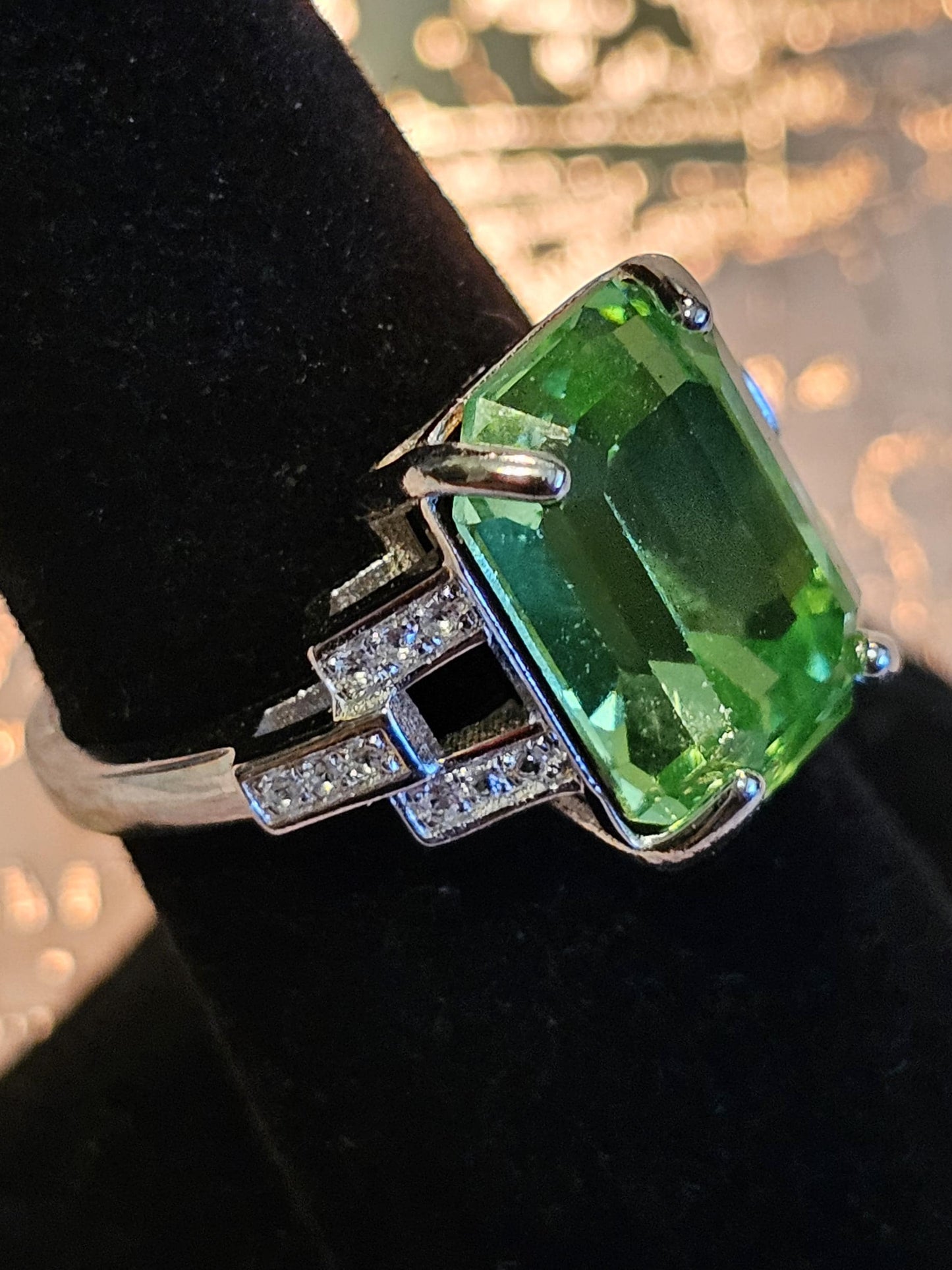 Uranium Glass Ring new Sterling Silver in a size 7 with a Yellow or Green Emerald cut Uranium glass stone that glows under black / UV light