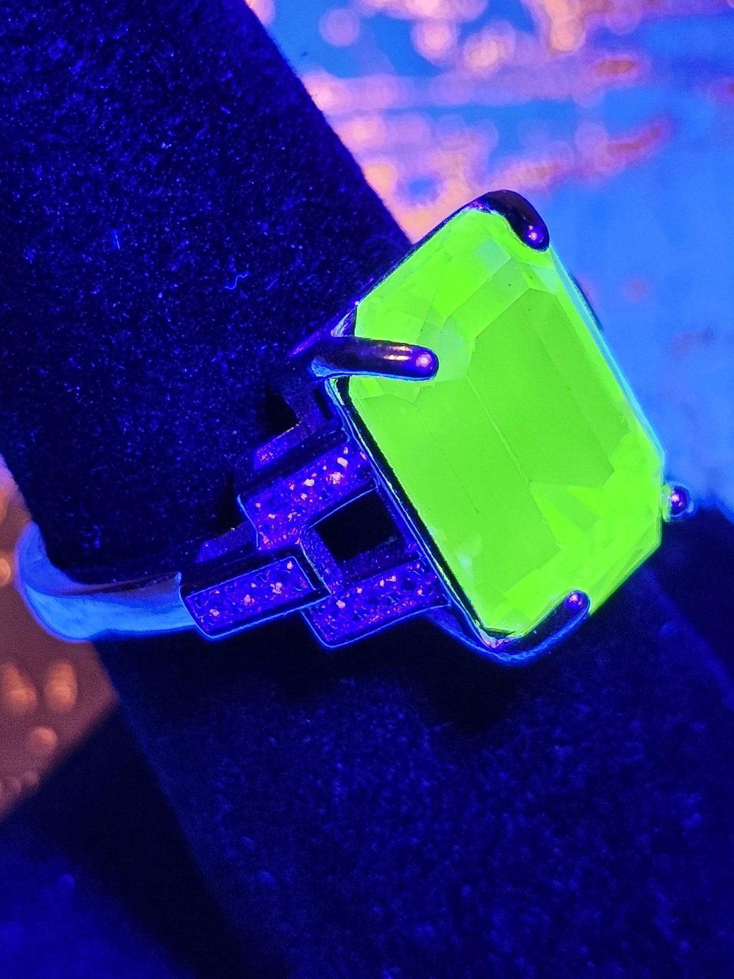 Uranium Glass Ring new Sterling Silver in a size 7 with a Yellow or Green Emerald cut Uranium glass stone that glows under black / UV light