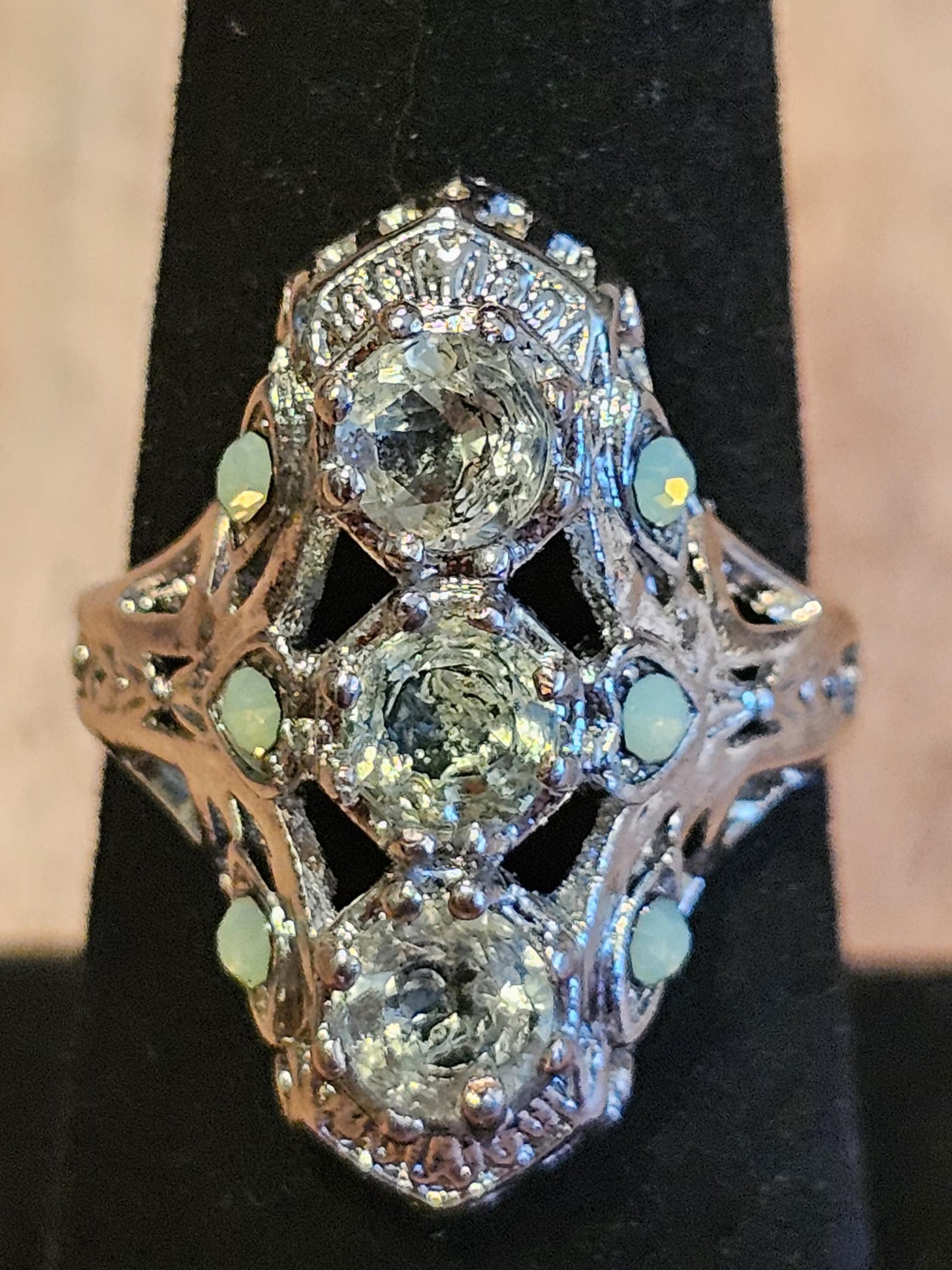 Uranium Glass Round cut Ring Shield style new Sterling Silver with three 5 mm vintage Uranium glass stones that glow under black / UV light