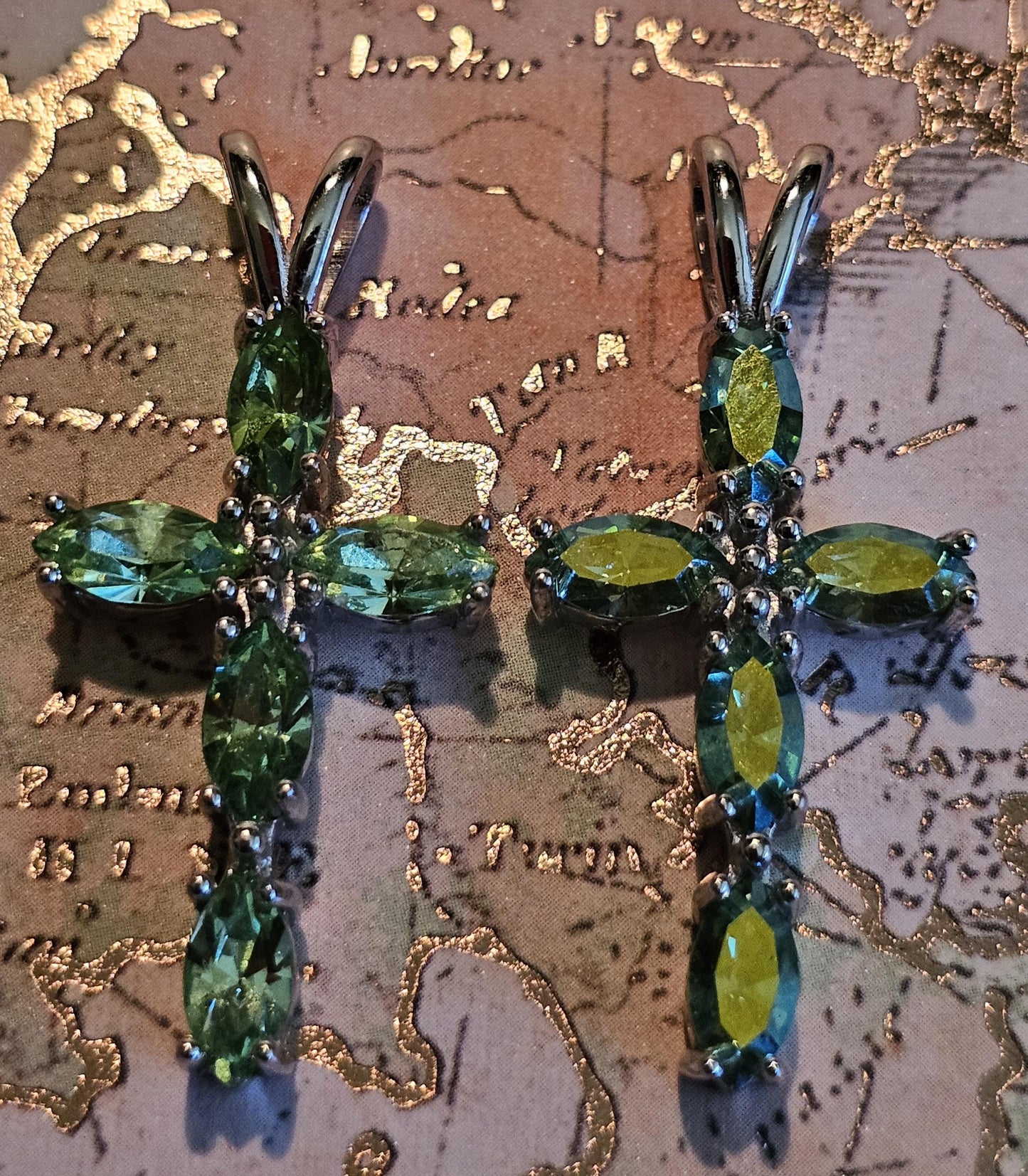 Uranium Glass Pendant new Sterling Silver, Cross design with 8x4 mm vintage Marquee cut Uranium Glass stones that glow under black/UV light