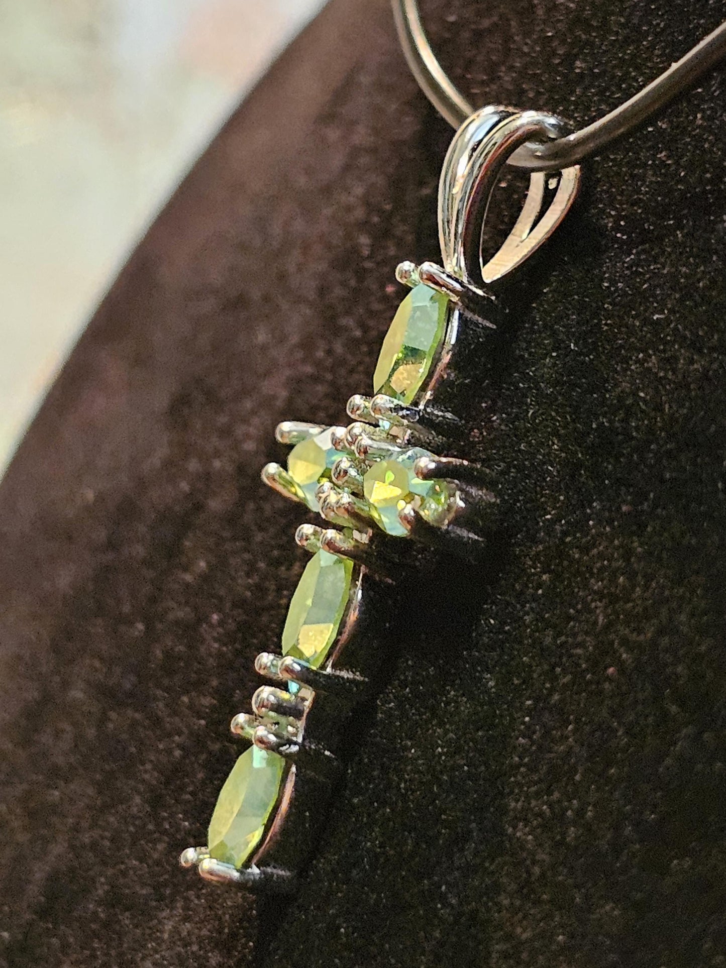 Uranium Glass Pendant new Sterling Silver, Cross design with 8x4 mm vintage Marquee cut Uranium Glass stones that glow under black/UV light