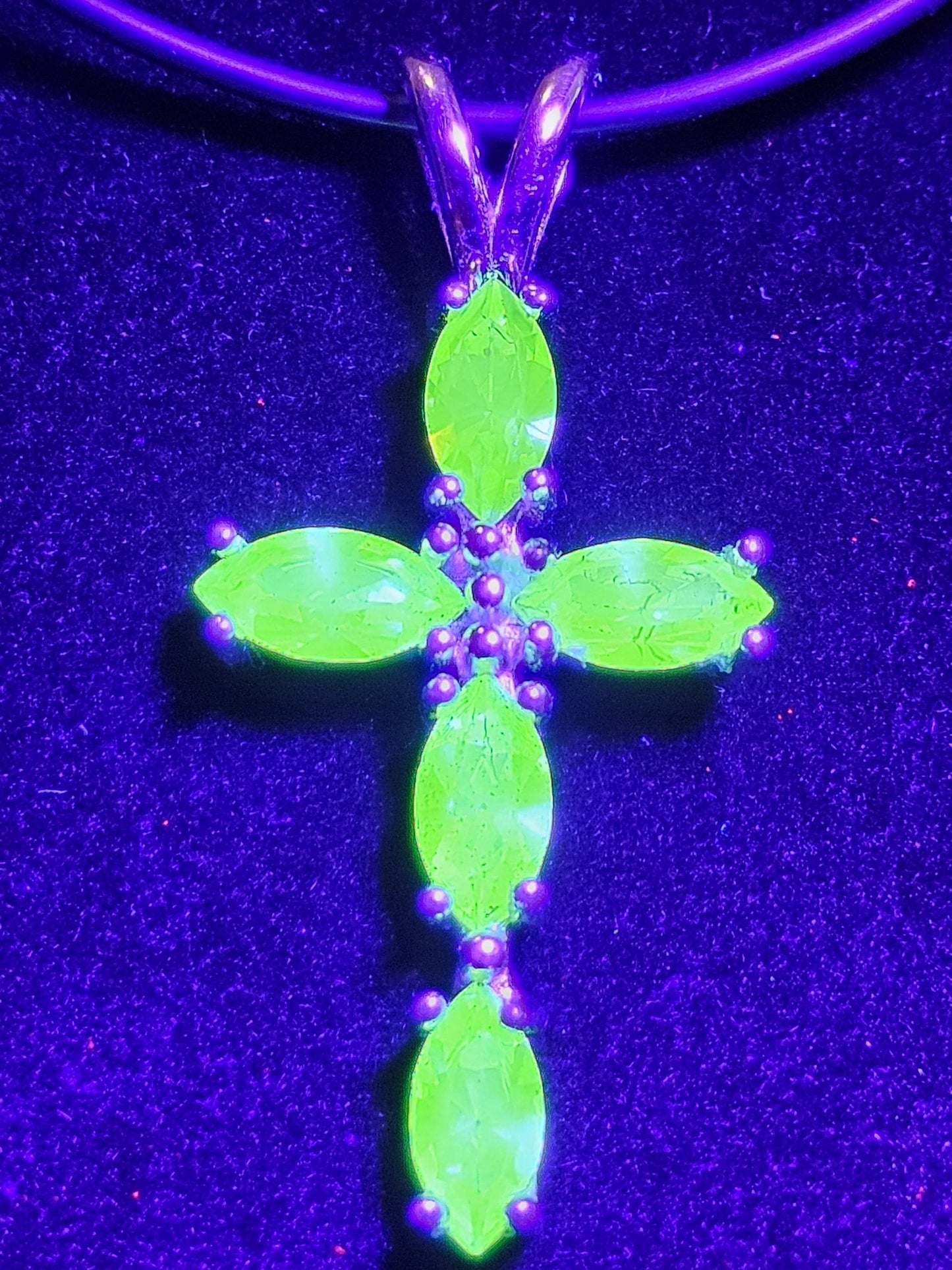 Uranium Glass Pendant new Sterling Silver, Cross design with 8x4 mm vintage Marquee cut Uranium Glass stones that glow under black/UV light