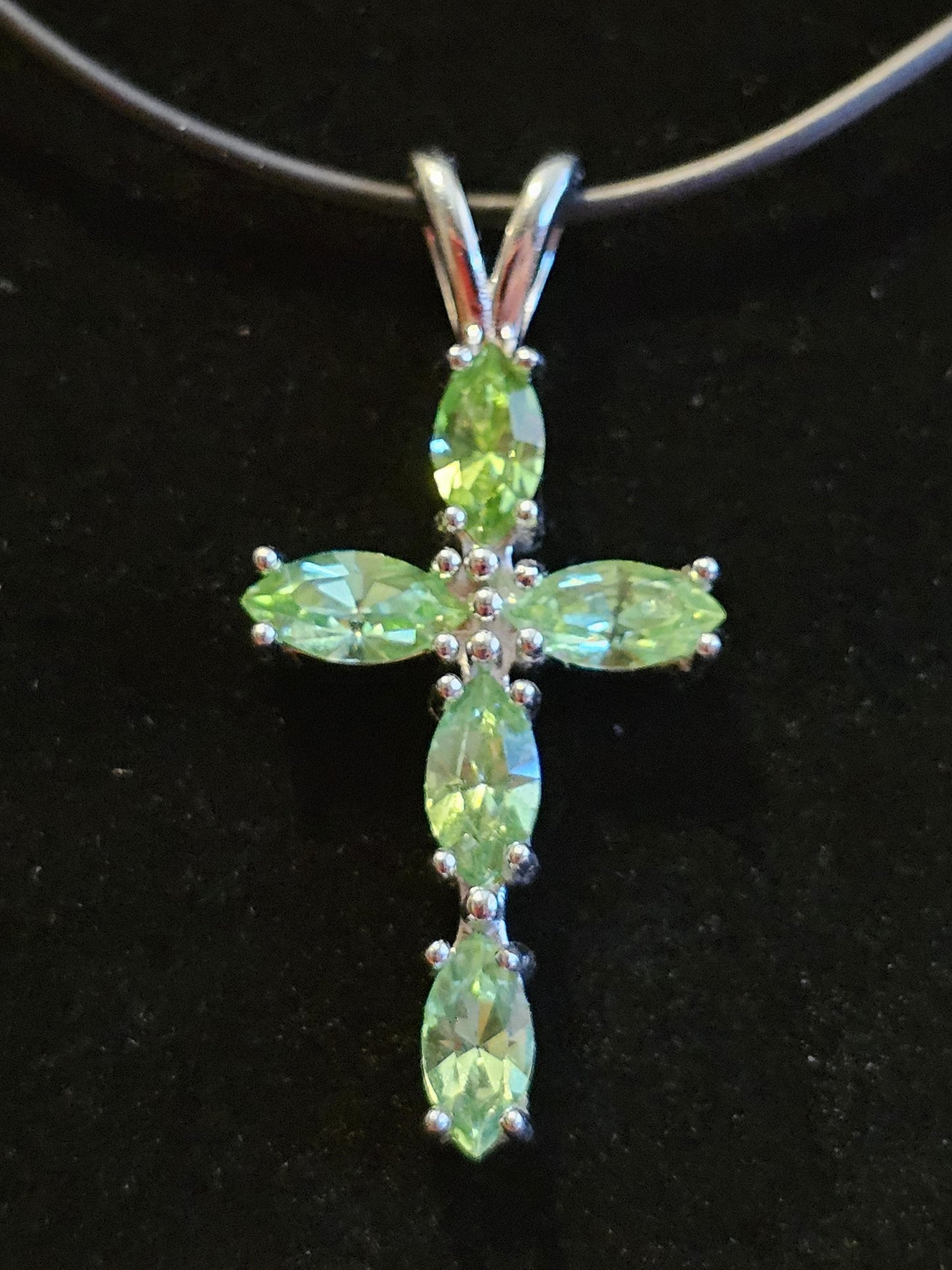 Uranium Glass Pendant new Sterling Silver, Cross design with 8x4 mm vintage Marquee cut Uranium Glass stones that glow under black/UV light
