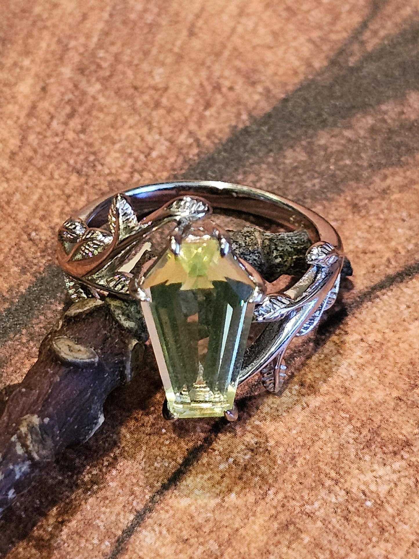 Uranium Glass Coffin cut Ring size 4 through 10.5 in Sterling Silver with a cut Czech Uranium glass stone that glows under black / UV light