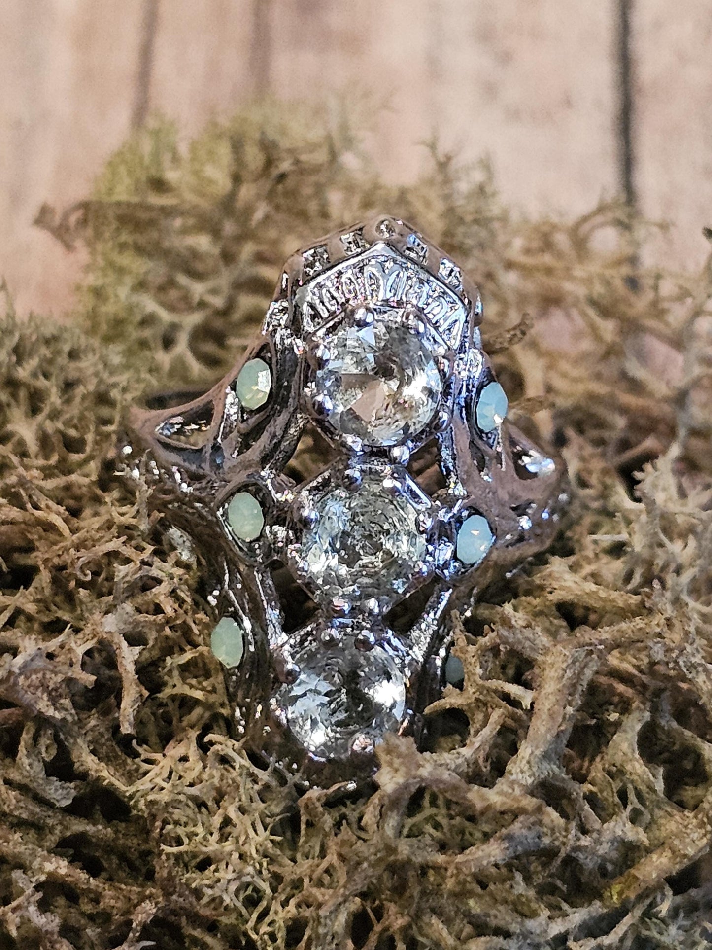 Uranium Glass Round cut Ring Shield style new Sterling Silver with three 5 mm vintage Uranium glass stones that glow under black / UV light