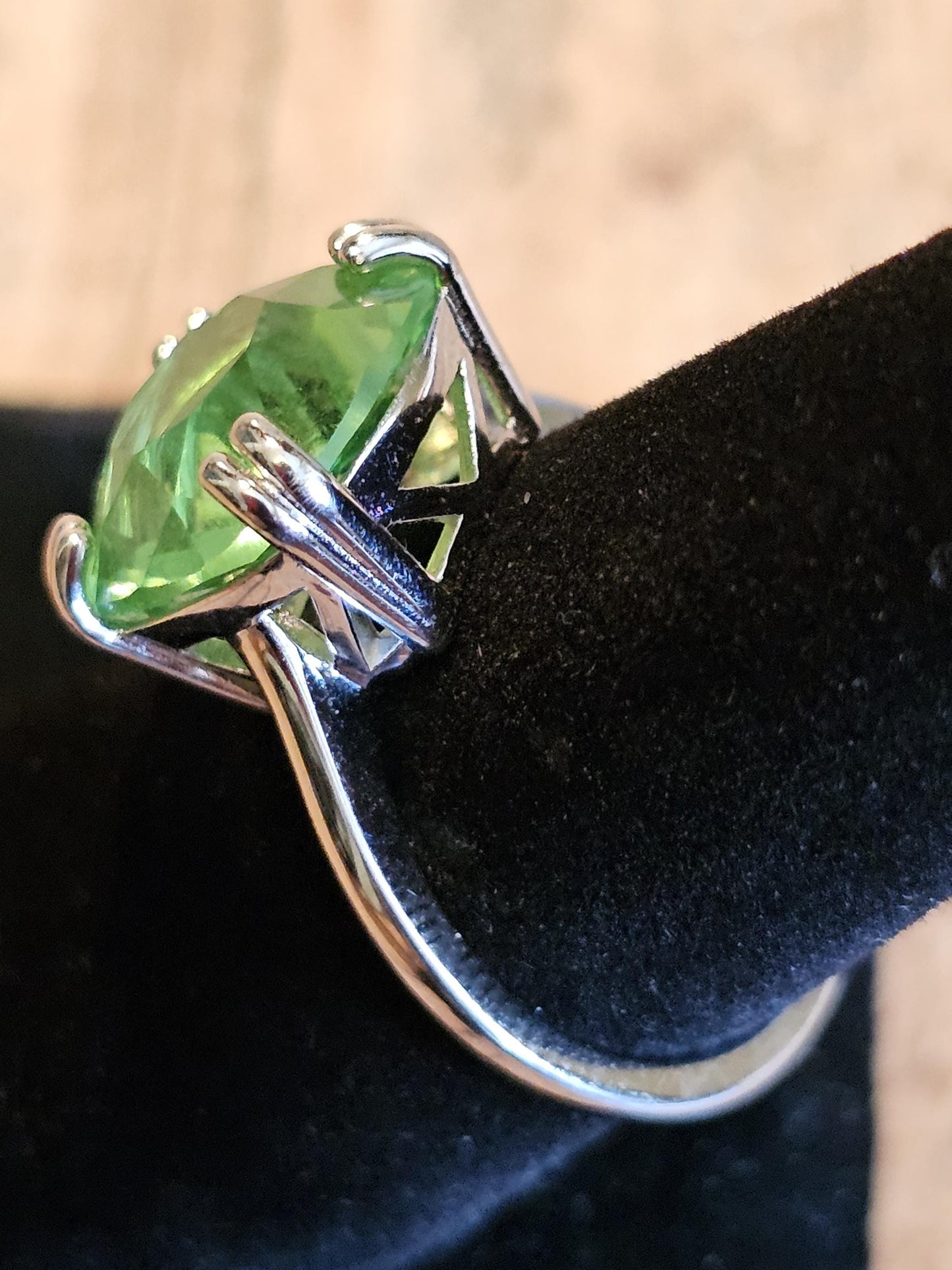 Uranium Glass Cushion cut Solitaire style Ring in size 7.5 with a rare 12 mm vintage Uranium glass stone that glows under black / UV light