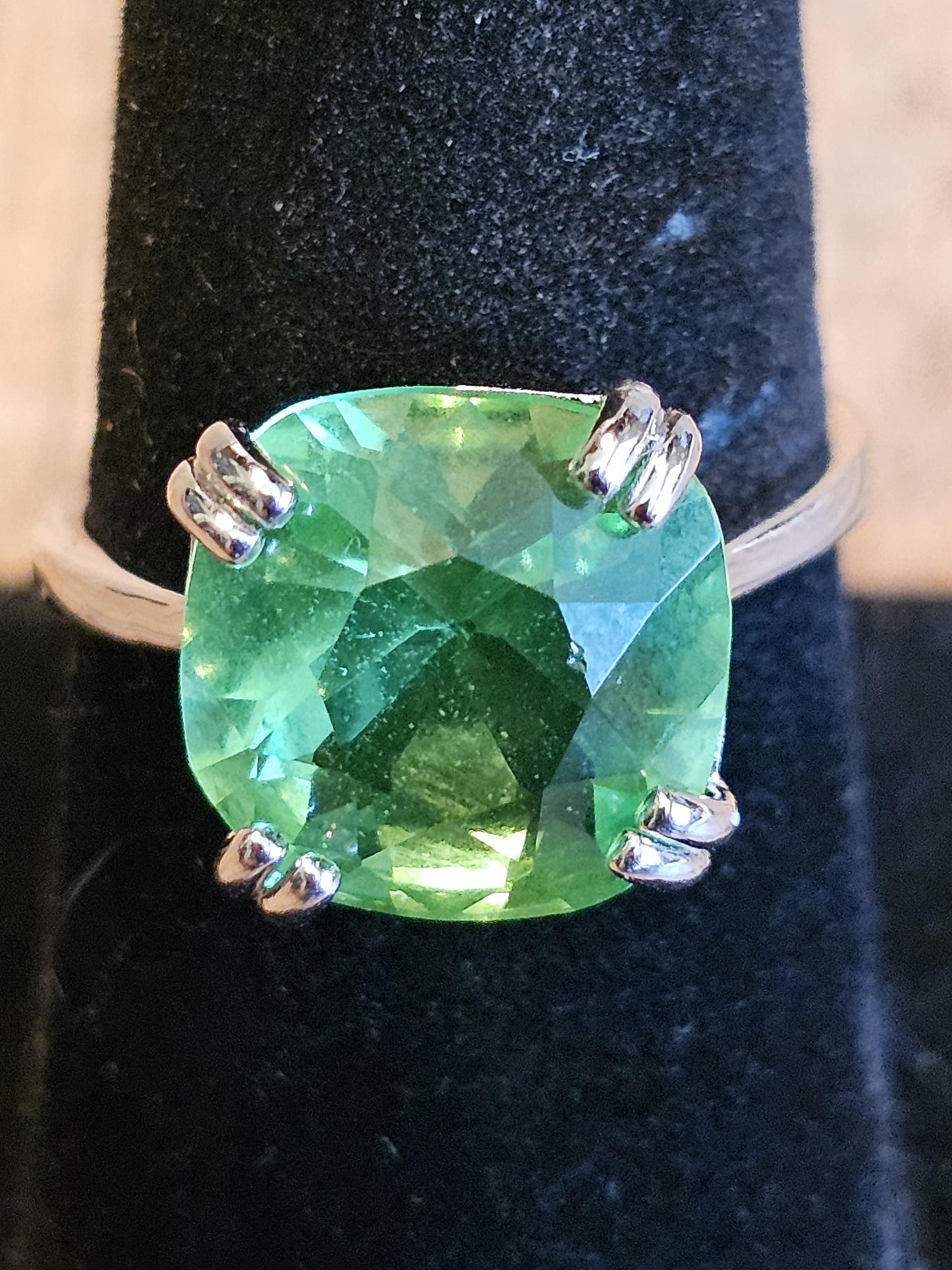 Uranium Glass Cushion cut Solitaire style Ring in size 7.5 with a rare 12 mm vintage Uranium glass stone that glows under black / UV light