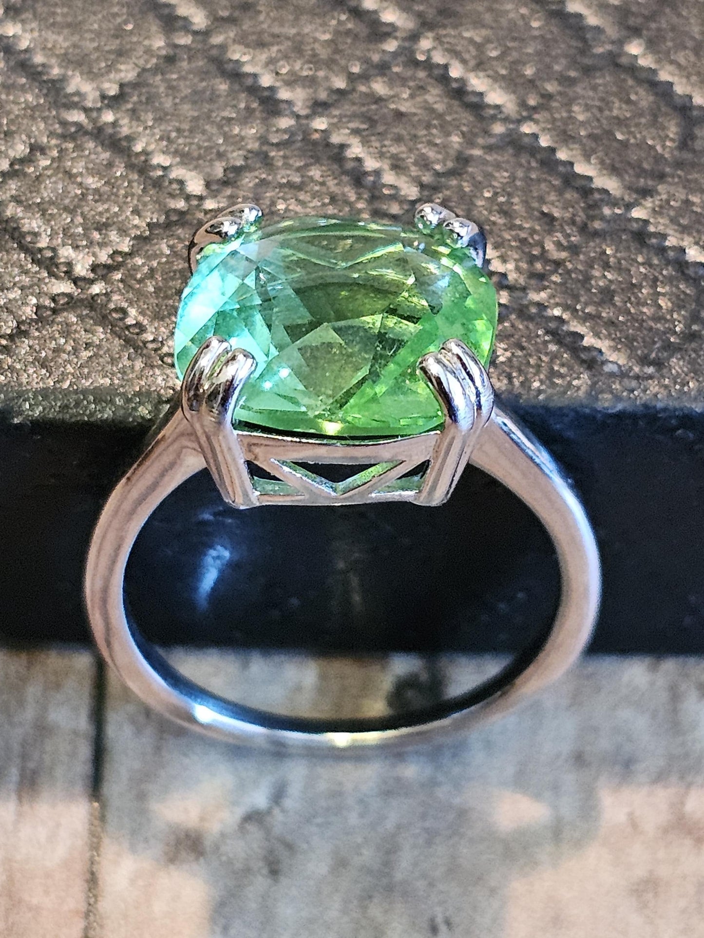 Uranium Glass Cushion cut Solitaire style Ring in size 7.5 with a rare 12 mm vintage Uranium glass stone that glows under black / UV light
