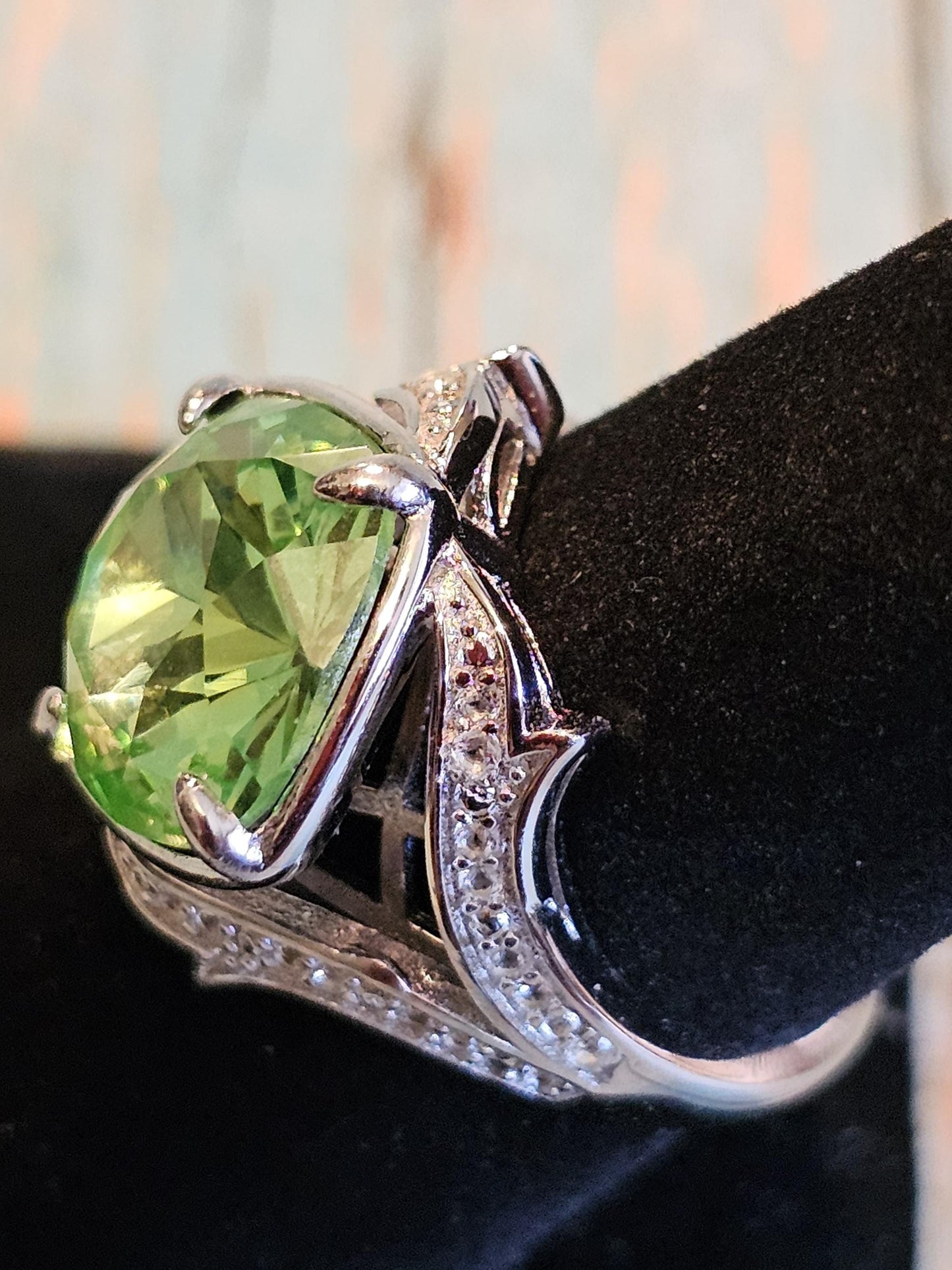 Uranium Glass Cushion cut Offset style Ring in size 7.5 with a super rare 12 mm vintage Uranium glass stone that glows under black/UV light