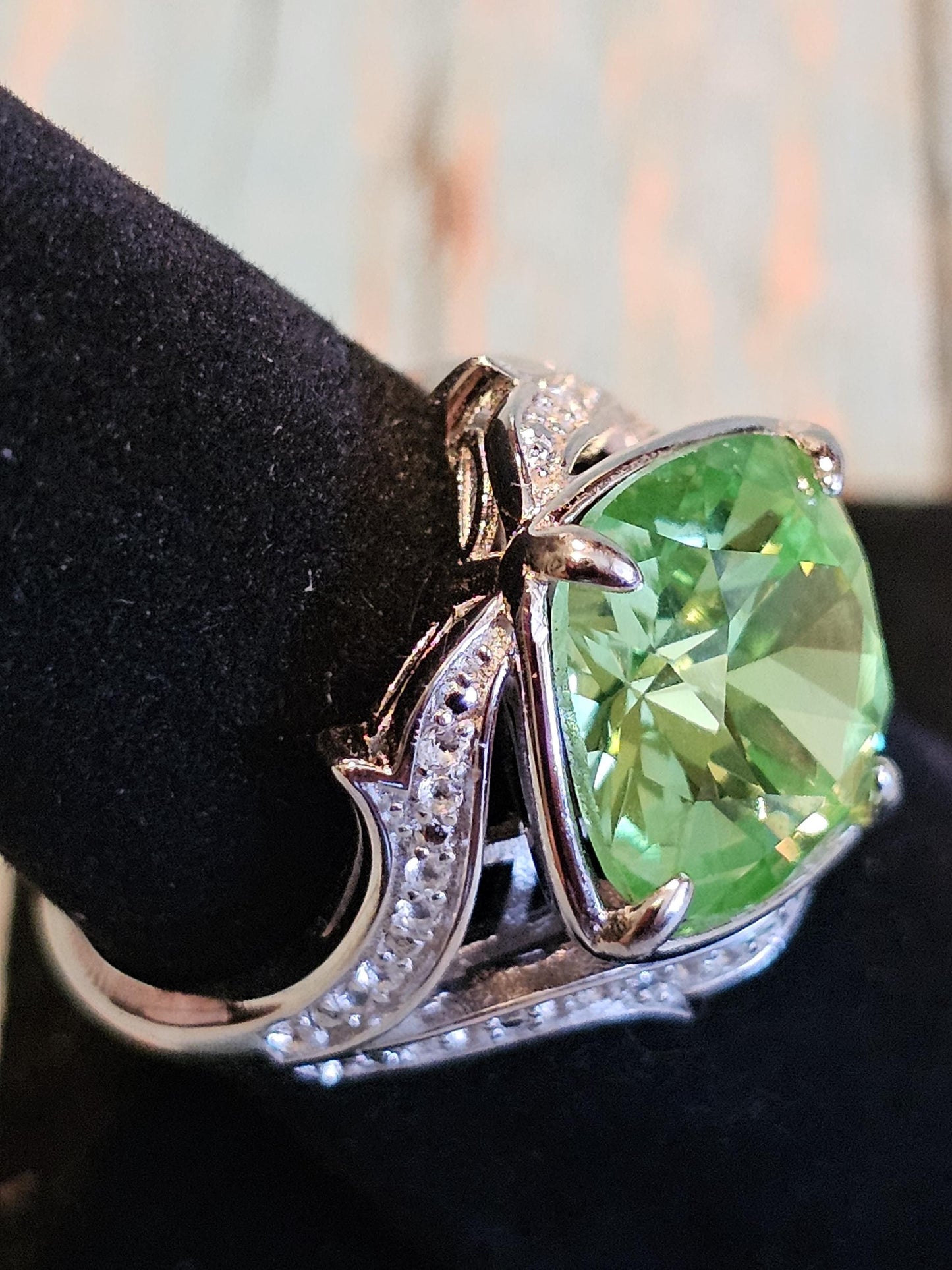 Uranium Glass Cushion cut Offset style Ring in size 7.5 with a super rare 12 mm vintage Uranium glass stone that glows under black/UV light