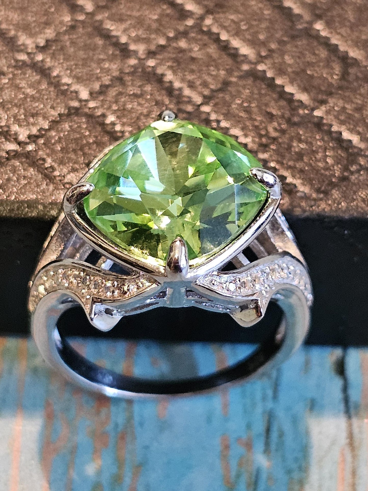 Uranium Glass Cushion cut Offset style Ring in size 7.5 with a super rare 12 mm vintage Uranium glass stone that glows under black/UV light