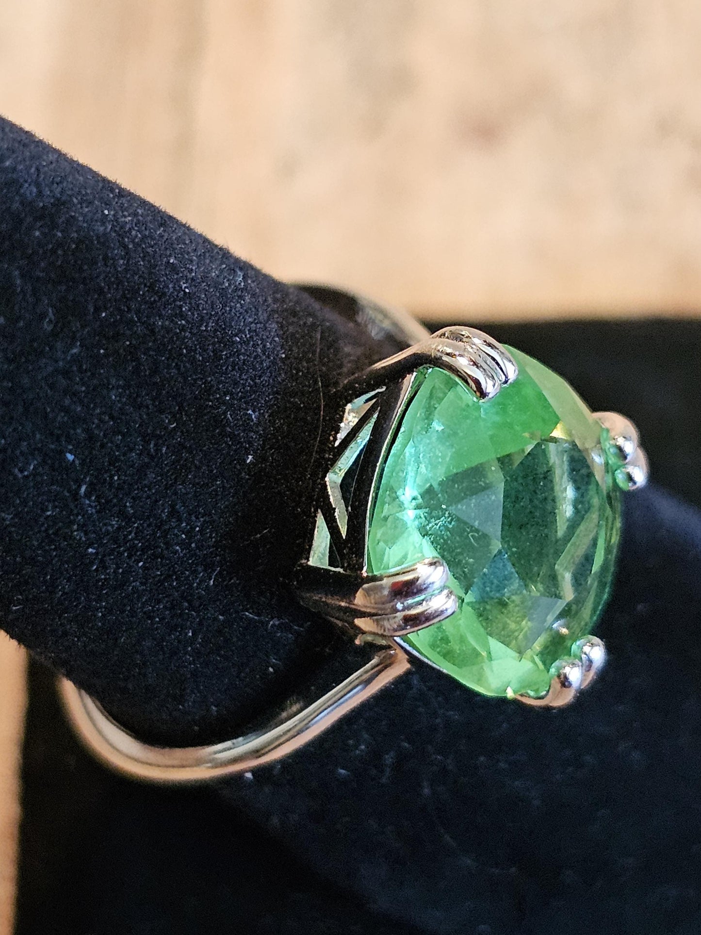 Uranium Glass Cushion cut Solitaire style Ring in size 7.5 with a rare 12 mm vintage Uranium glass stone that glows under black / UV light