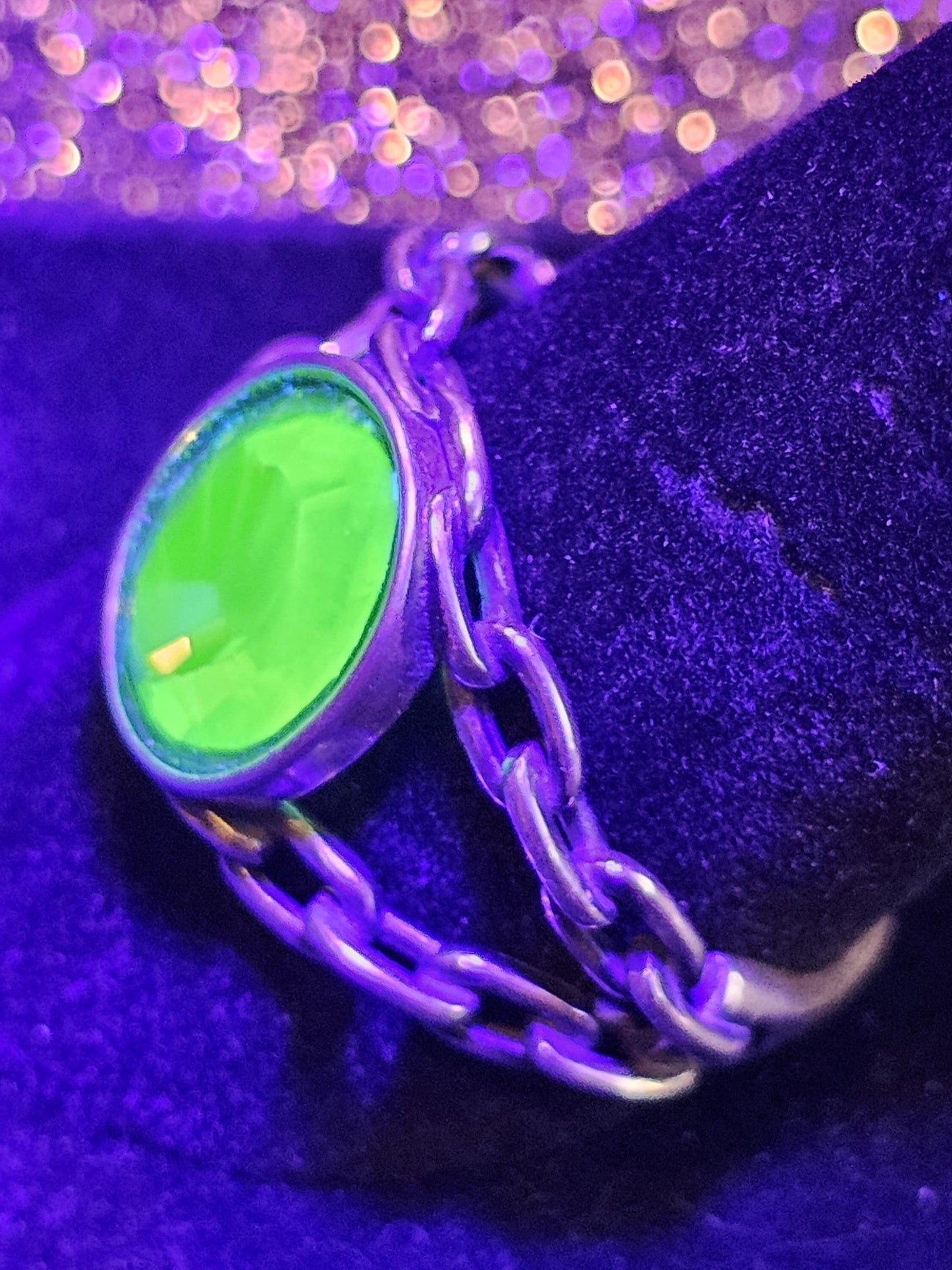 Uranium Glass Men's Ring Adjustable size Chain style with a 12x10 mm vintage Uranium glass Oval cut stone that glows under black / UV light