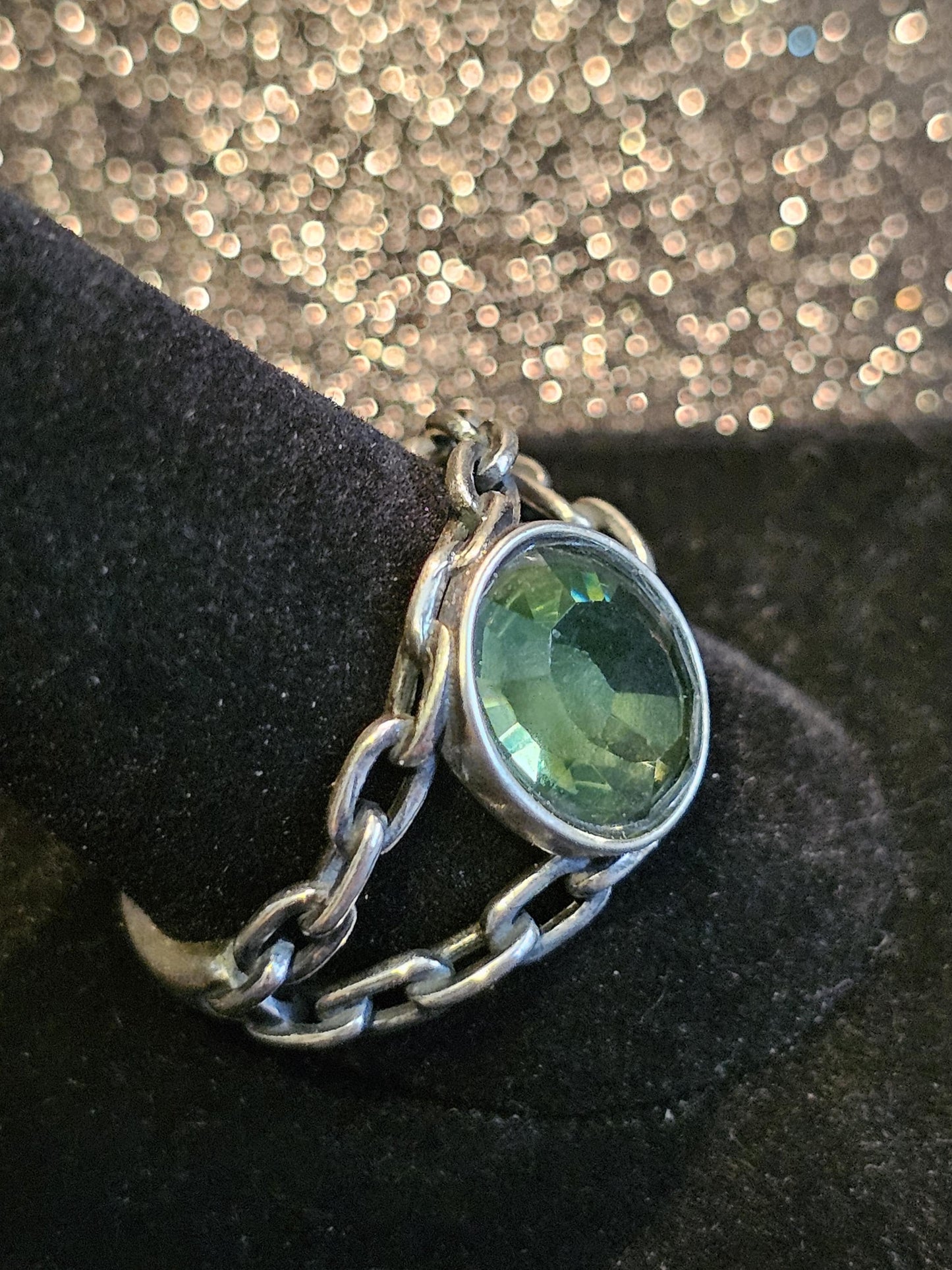 Uranium Glass Men's Ring Adjustable size Chain style with a 12x10 mm vintage Uranium glass Oval cut stone that glows under black / UV light
