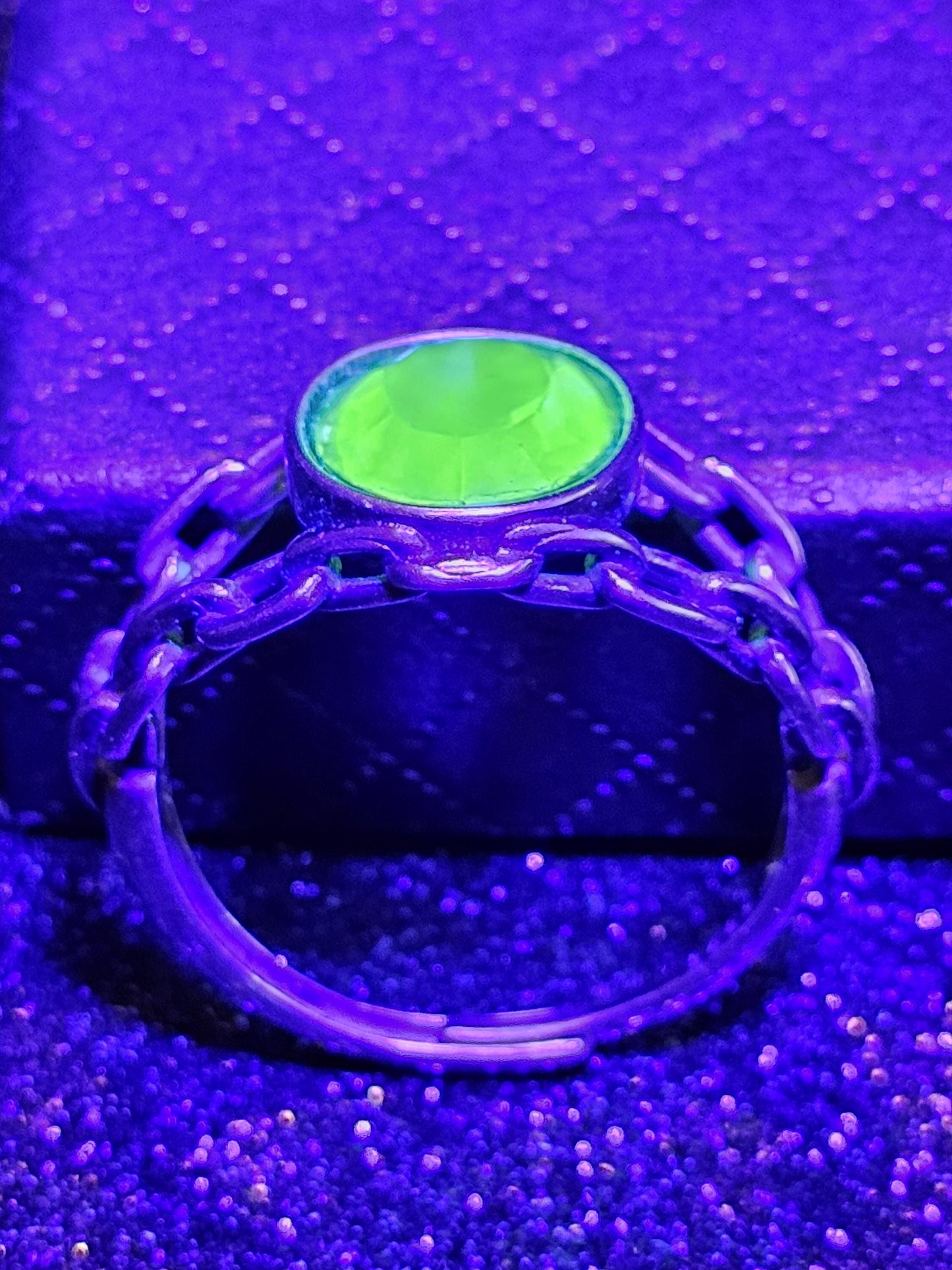 Uranium Glass Men's Ring Adjustable size Chain style with a 12x10 mm vintage Uranium glass Oval cut stone that glows under black / UV light
