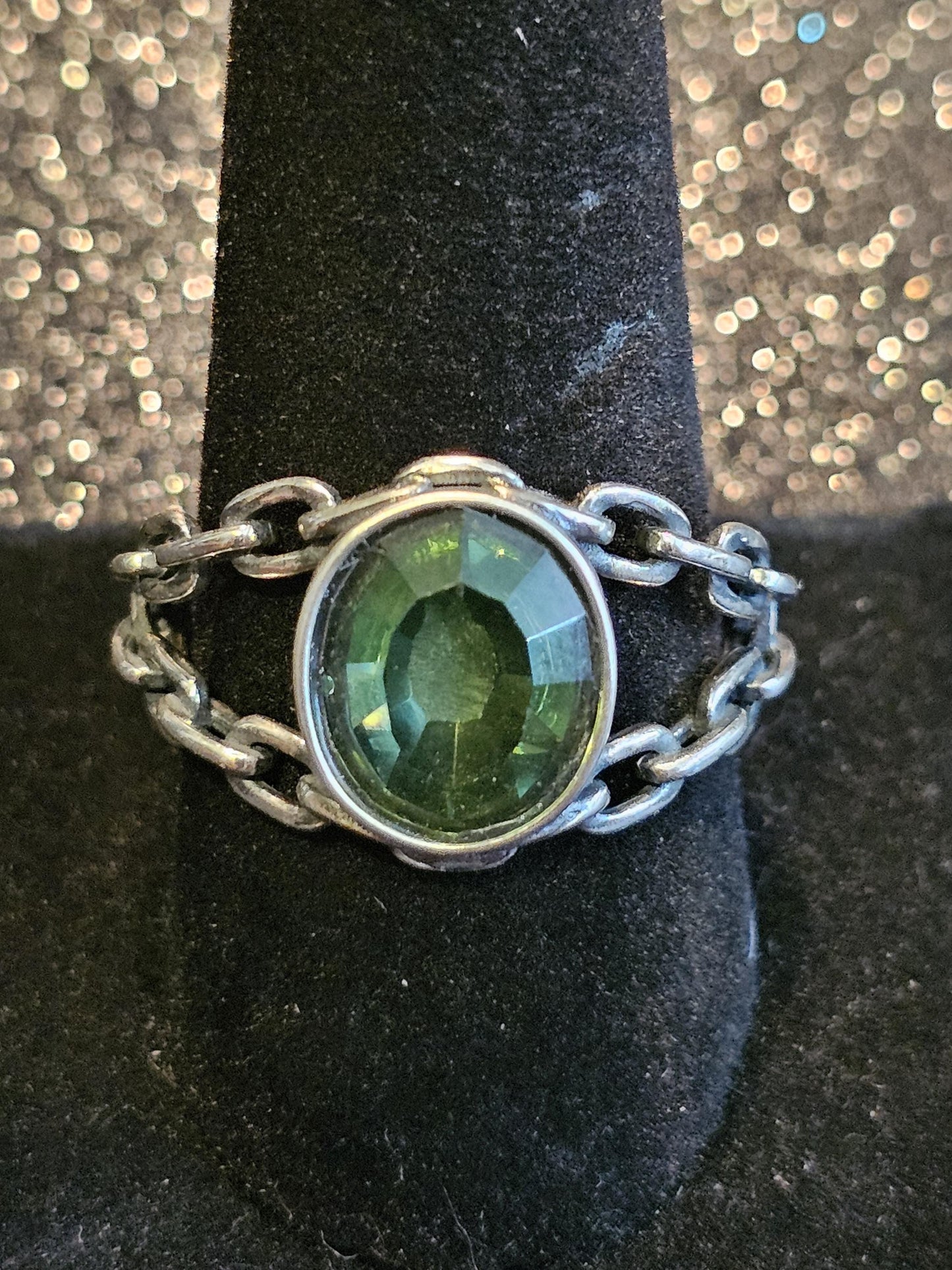 Uranium Glass Men's Ring Adjustable size Chain style with a 12x10 mm vintage Uranium glass Oval cut stone that glows under black / UV light