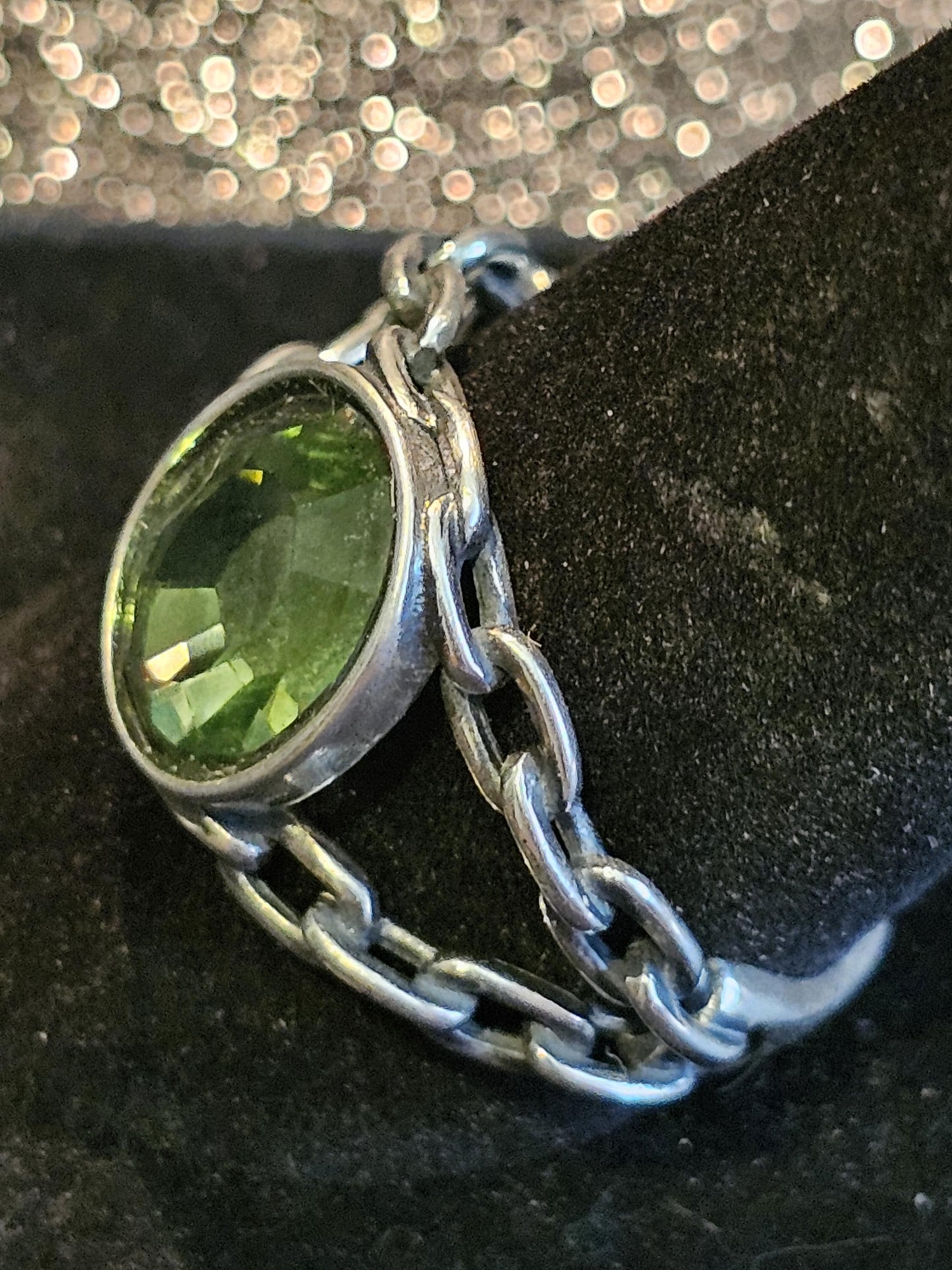 Uranium Glass Men's Ring Adjustable size Chain style with a 12x10 mm vintage Uranium glass Oval cut stone that glows under black / UV light