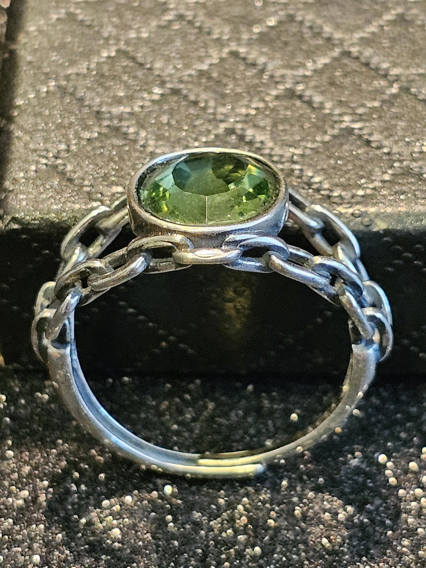 Uranium Glass Men's Ring Adjustable size Chain style with a 12x10 mm vintage Uranium glass Oval cut stone that glows under black / UV light