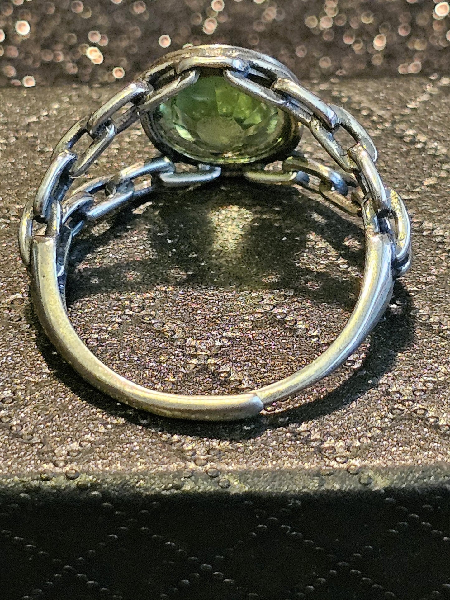 Uranium Glass Men's Ring Adjustable size Chain style with a 12x10 mm vintage Uranium glass Oval cut stone that glows under black / UV light