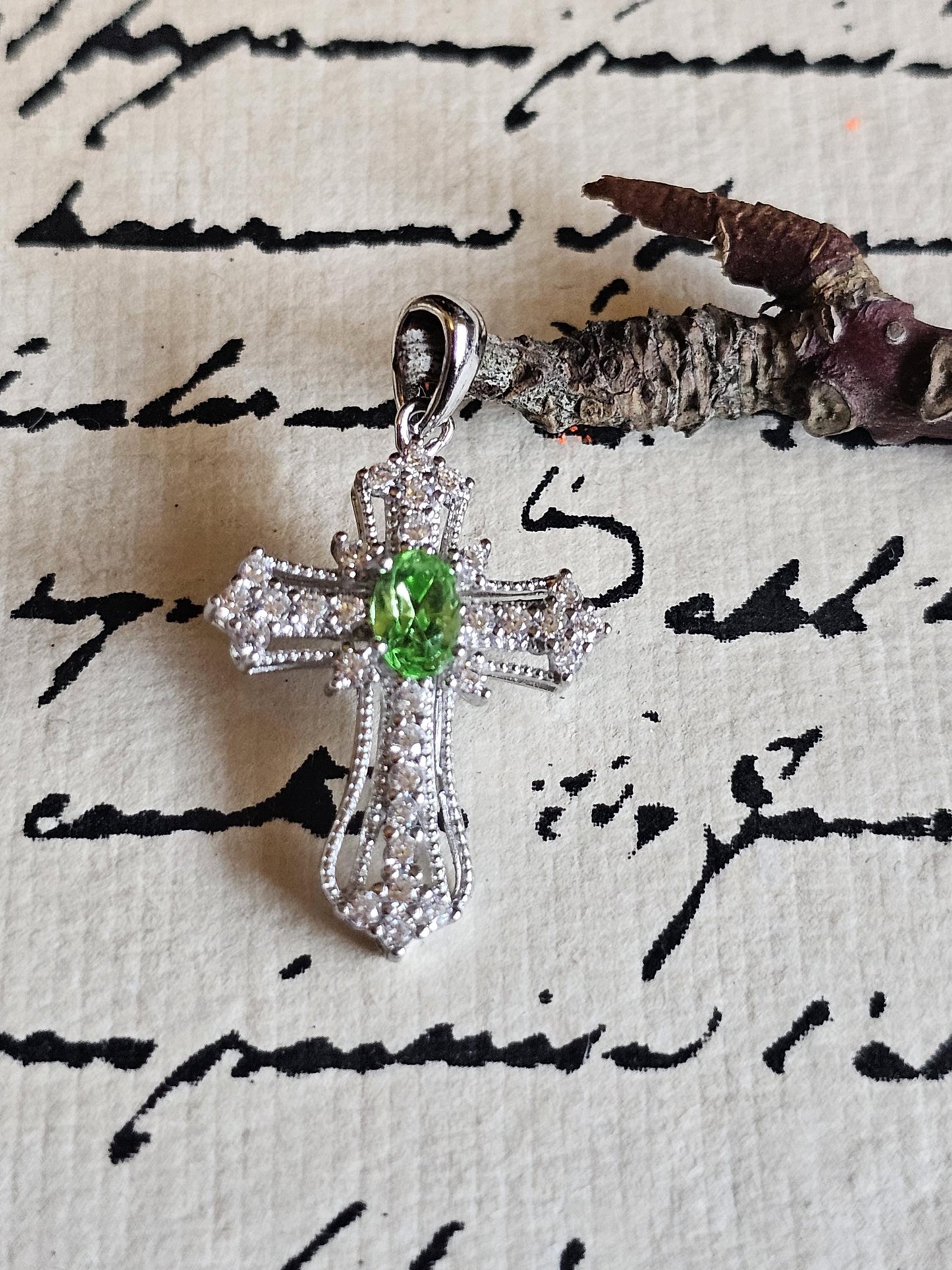 Uranium Glass Pendant Cross design new Sterling Silver, with 8x4 mm vintage Marquee cut Uranium Glass stone that glows under black/UV light