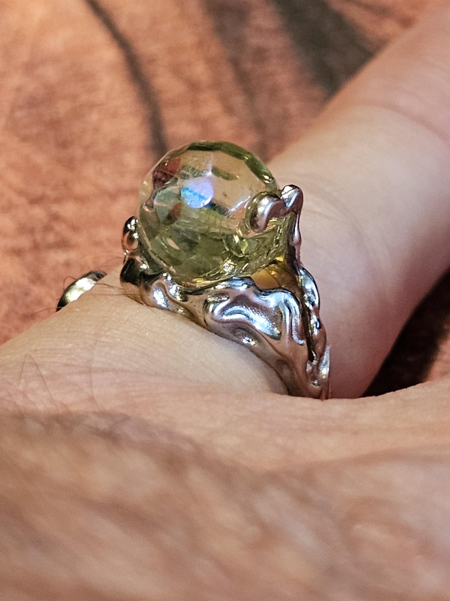 Uranium Glass Adjustable Ring new Sterling Silver Round cut 5 mm opal colored vintage Uranium glass stones glows under black / UV light