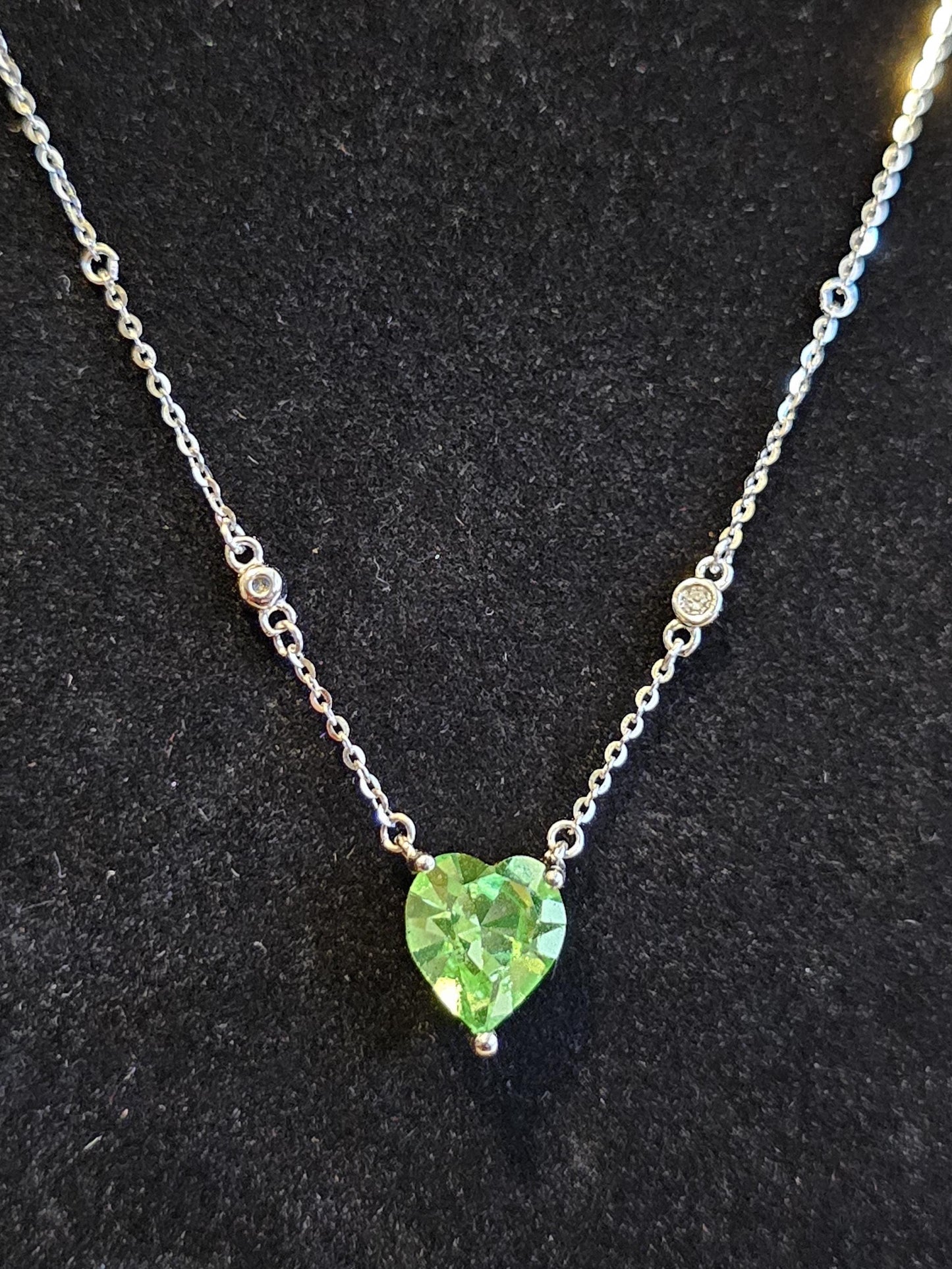 Uranium Glass Pendant w/ necklace, new Sterling Silver, with a vintage 8mm Heart cut Uranium glass stone that glows under black/UV light