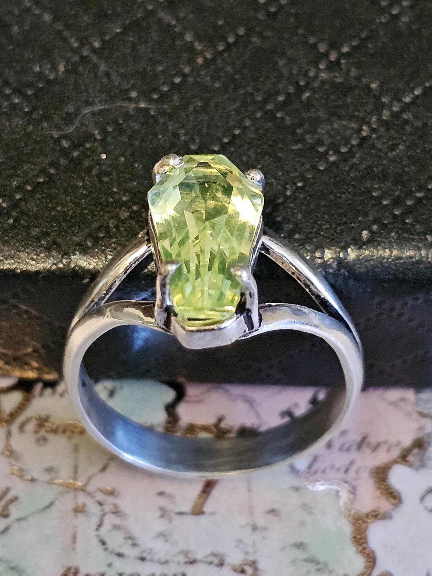 Uranium Glass Coffin cut Split Shank Ring size 4 through 10.5 in Sterling Silver with Uranium glass stone that glows under black / UV light
