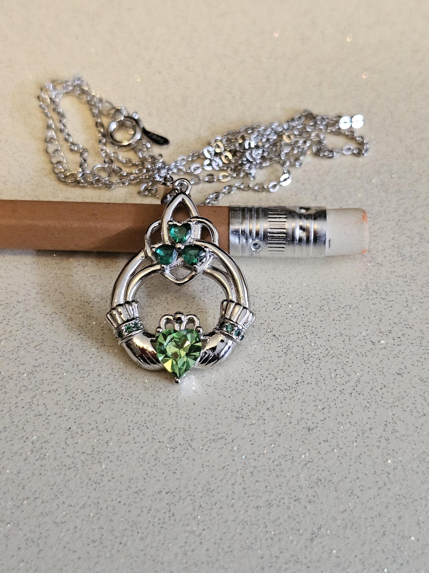 Uranium Glass Pendant with Necklace Claddagh style new Sterling Silver with vintage 6mm Uranium glass stone that glows under black/UV light