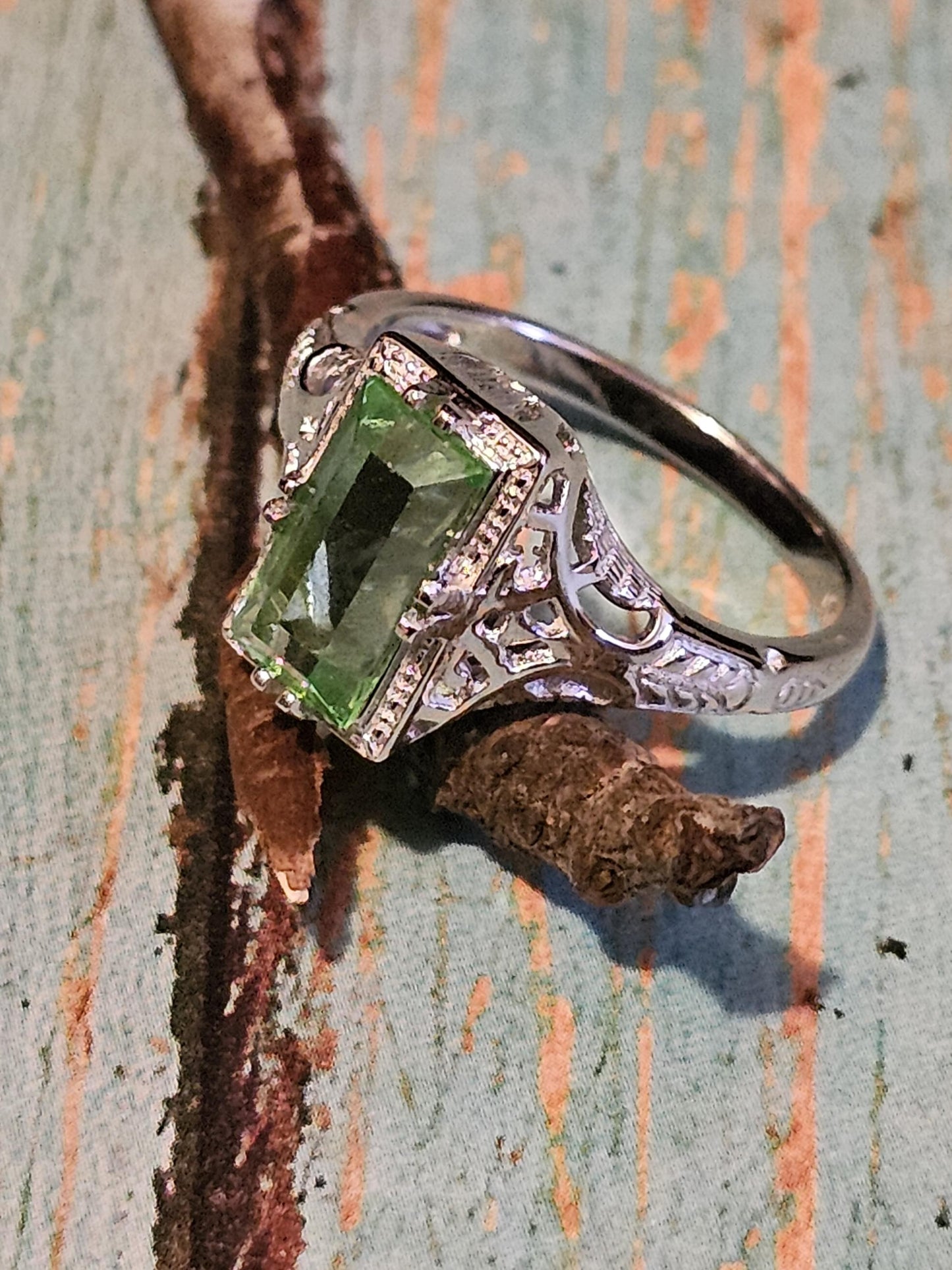 Uranium Glass Baguette cut Ring Art Deco style size 7 new Sterling Silver with vintage Uranium glass stones that glows under black/UV light