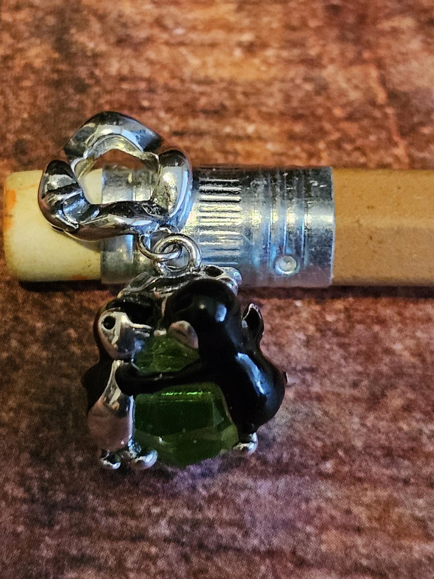 Uranium Glass Pendant in new Sterling Silver Kissing Penguins with a vintage Uranium Glass 10 mm bead that glows under black / UV light