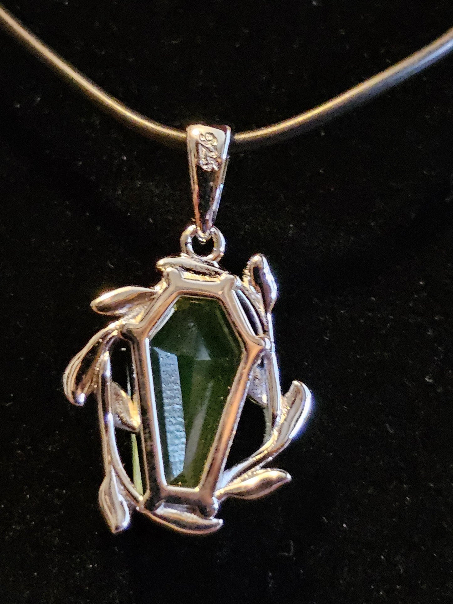 Uranium Glass Coffin cut Pendant in new Sterling Silver with Czech glass 14x8 mm Uranium Glass stone that glows under black / UV light