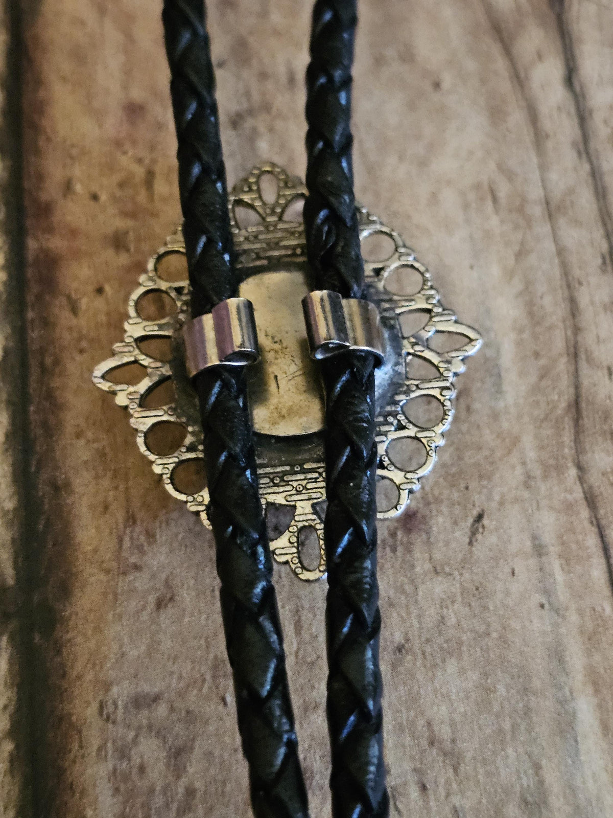 Uranium Glass Bolo Tie, Leather cord, 2 tip choices vintage White/Yellowish 25x18 mm Uranium Glass stone that glow under black/UV light