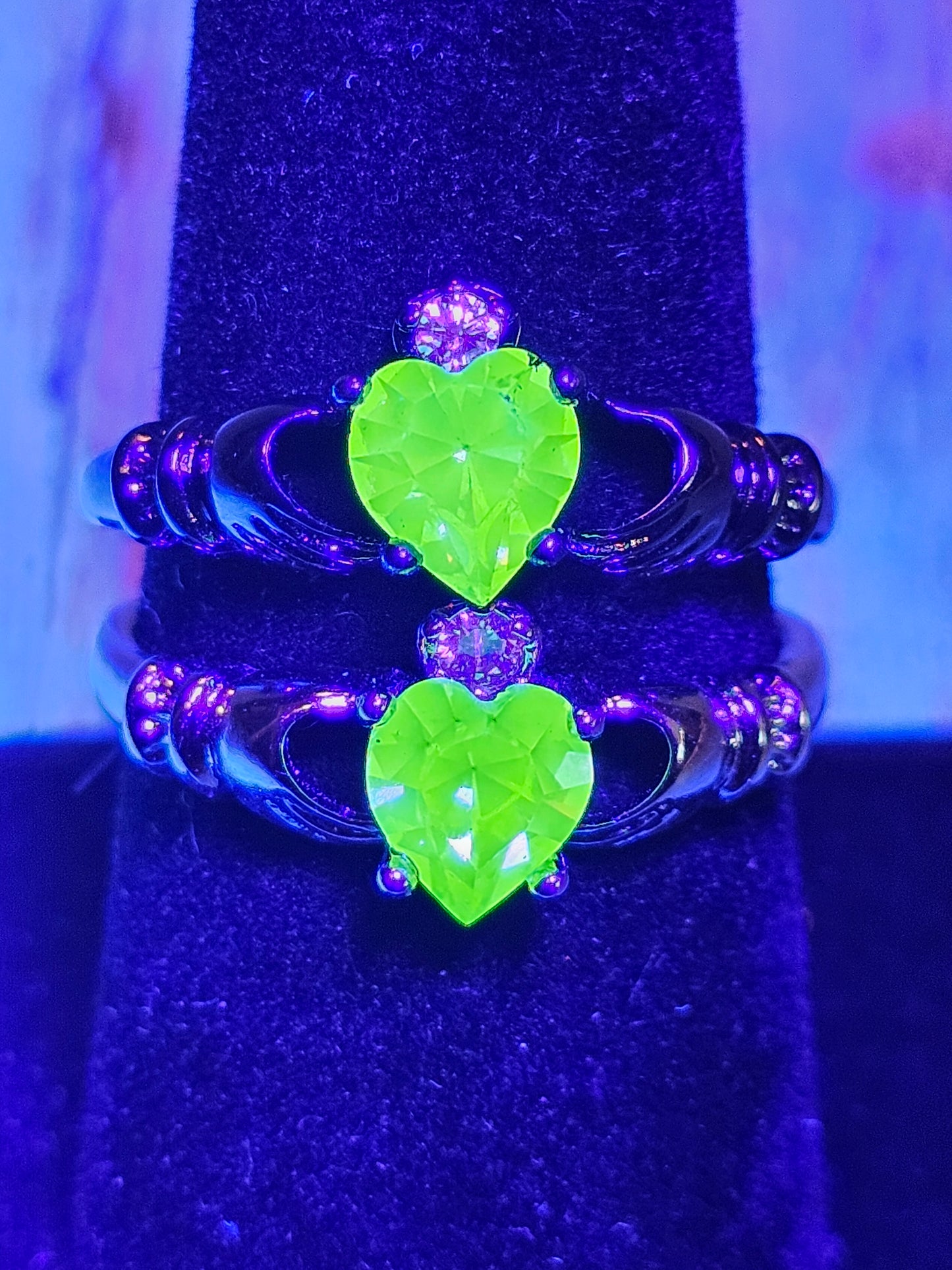 Uranium Glass Heart cut Claddagh Ring adjustable size new Sterling Silver with a vintage Uranium glass stone that glows under black/UV light