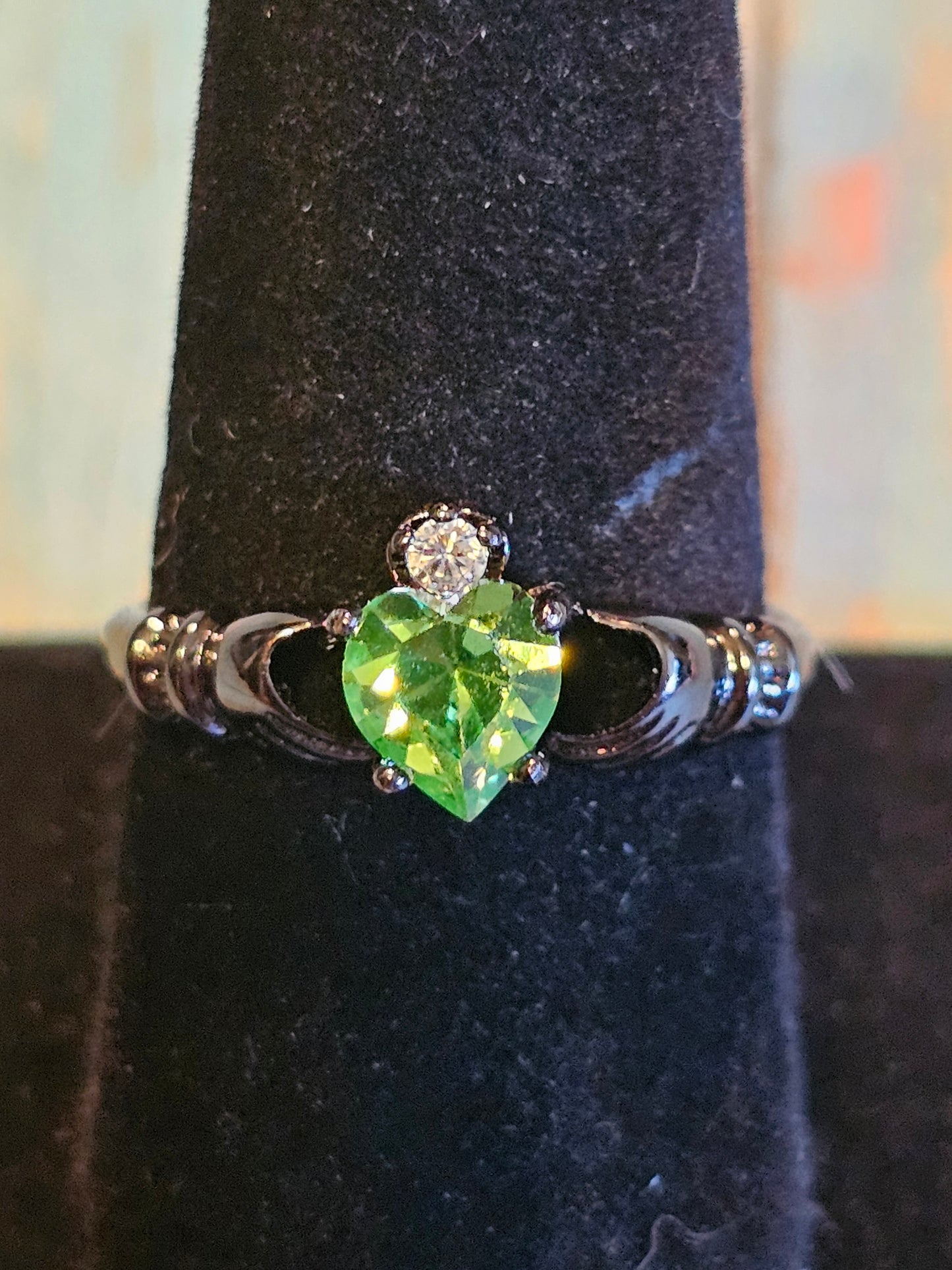 Uranium Glass Heart cut Claddagh Ring adjustable size new Sterling Silver with a vintage Uranium glass stone that glows under black/UV light
