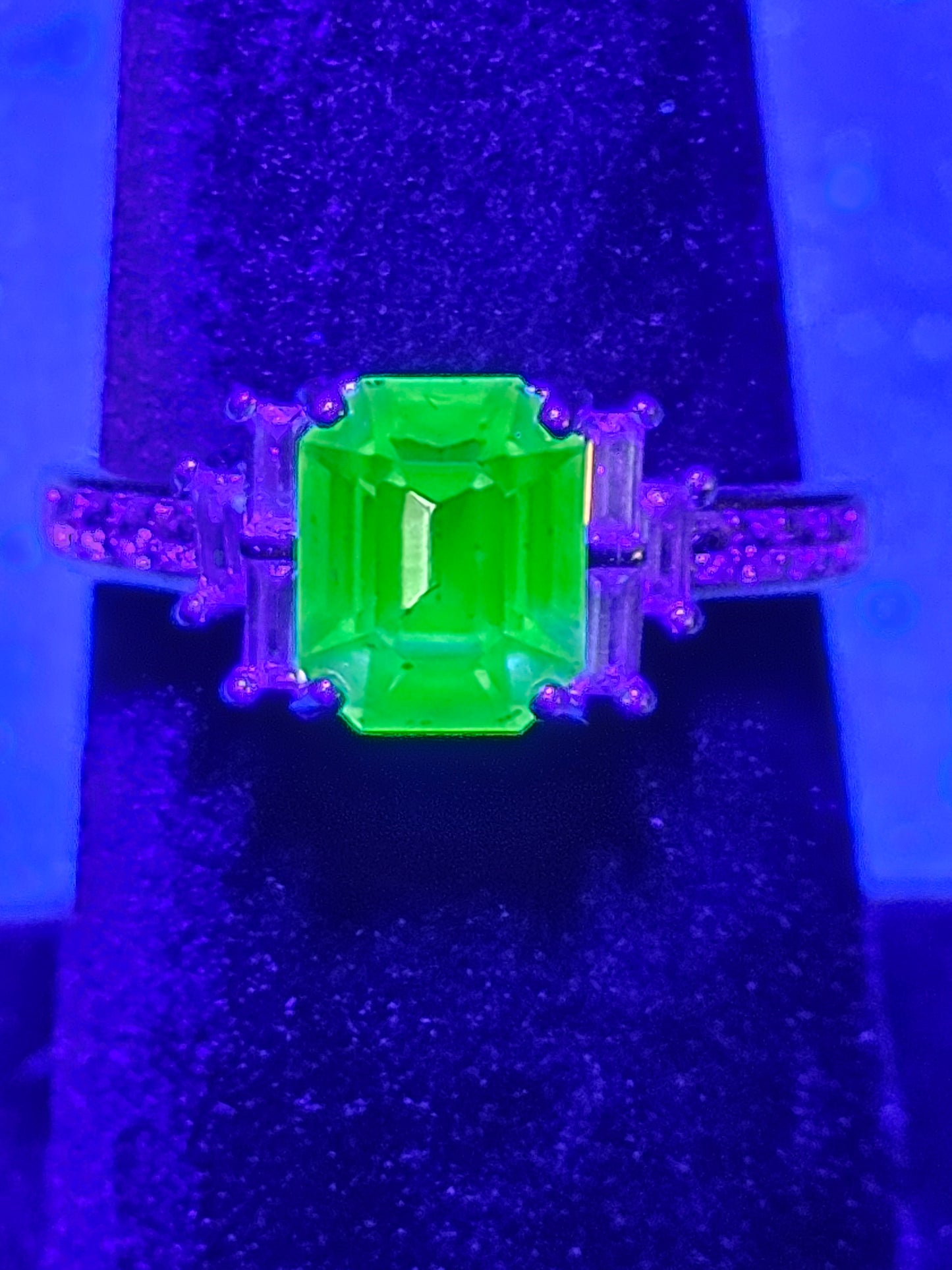 Uranium Glass Emerald cut Ring size 4 through 10.5 in Sterling Silver with a vintage Uranium glass stone that glows under black / UV light