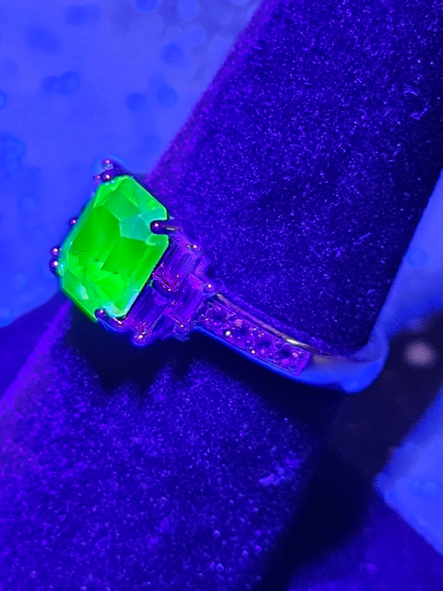 Uranium Glass Emerald cut Ring size 4 through 10.5 in Sterling Silver with a vintage Uranium glass stone that glows under black / UV light