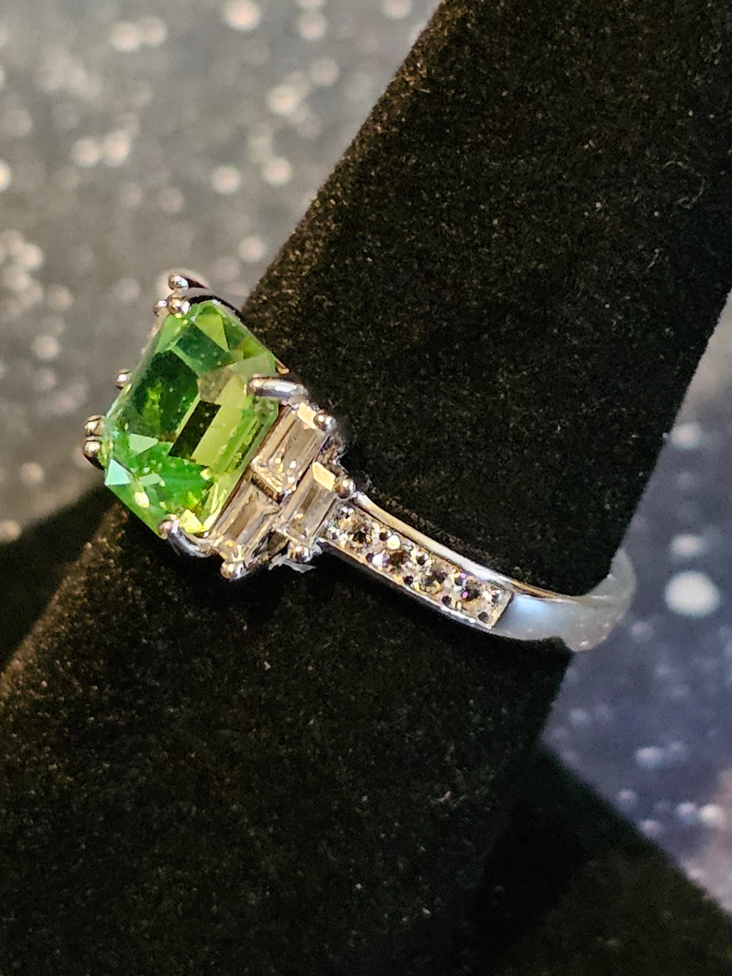 Uranium Glass Emerald cut Ring size 4 through 10.5 in Sterling Silver with a vintage Uranium glass stone that glows under black / UV light