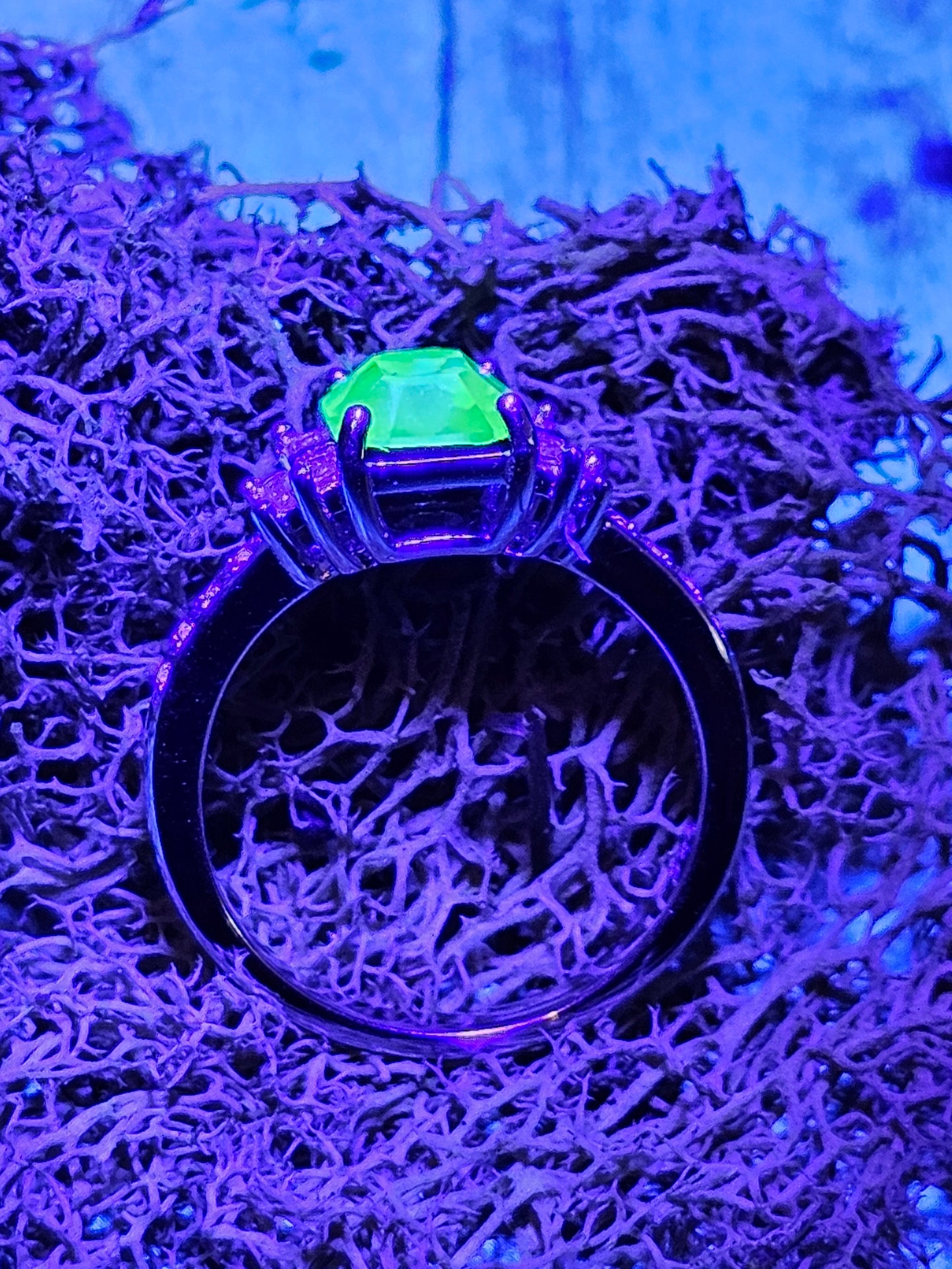 Uranium Glass Emerald cut Ring size 4 through 10.5 in Sterling Silver with a vintage Uranium glass stone that glows under black / UV light
