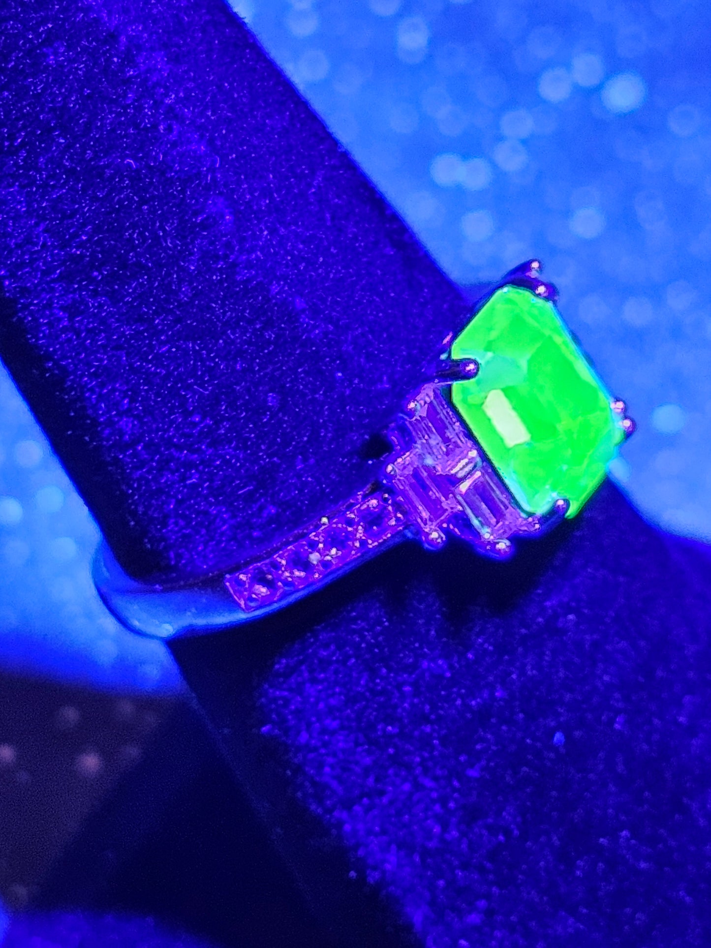 Uranium Glass Emerald cut Ring size 4 through 10.5 in Sterling Silver with a vintage Uranium glass stone that glows under black / UV light