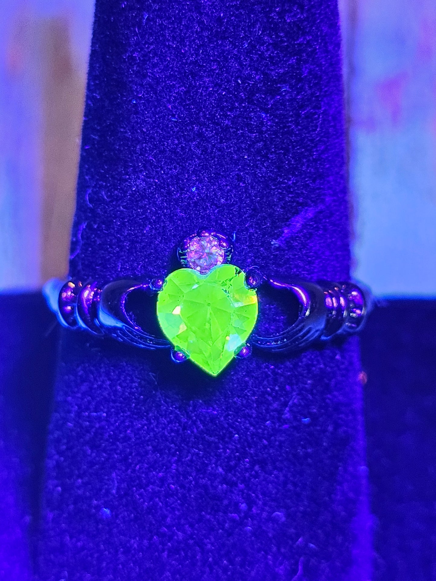 Uranium Glass Heart cut Claddagh Ring adjustable size new Sterling Silver with a vintage Uranium glass stone that glows under black/UV light