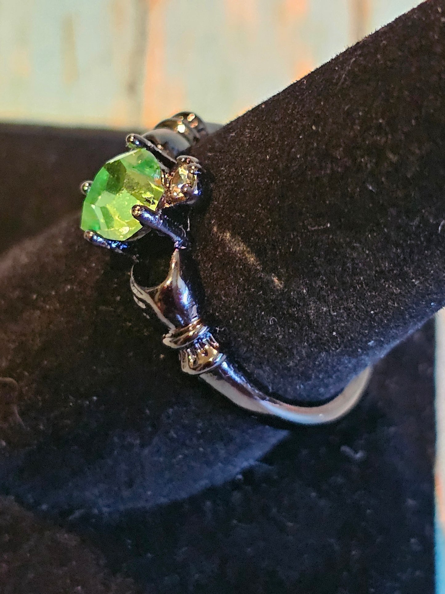 Uranium Glass Heart cut Claddagh Ring adjustable size new Sterling Silver with a vintage Uranium glass stone that glows under black/UV light