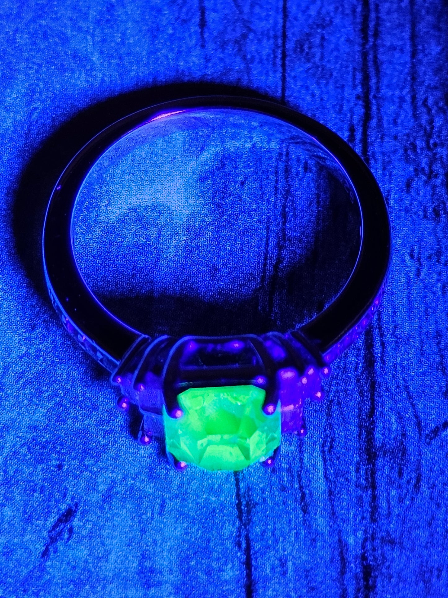 Uranium Glass Emerald cut Ring size 4 through 10.5 in Sterling Silver with a vintage Uranium glass stone that glows under black / UV light